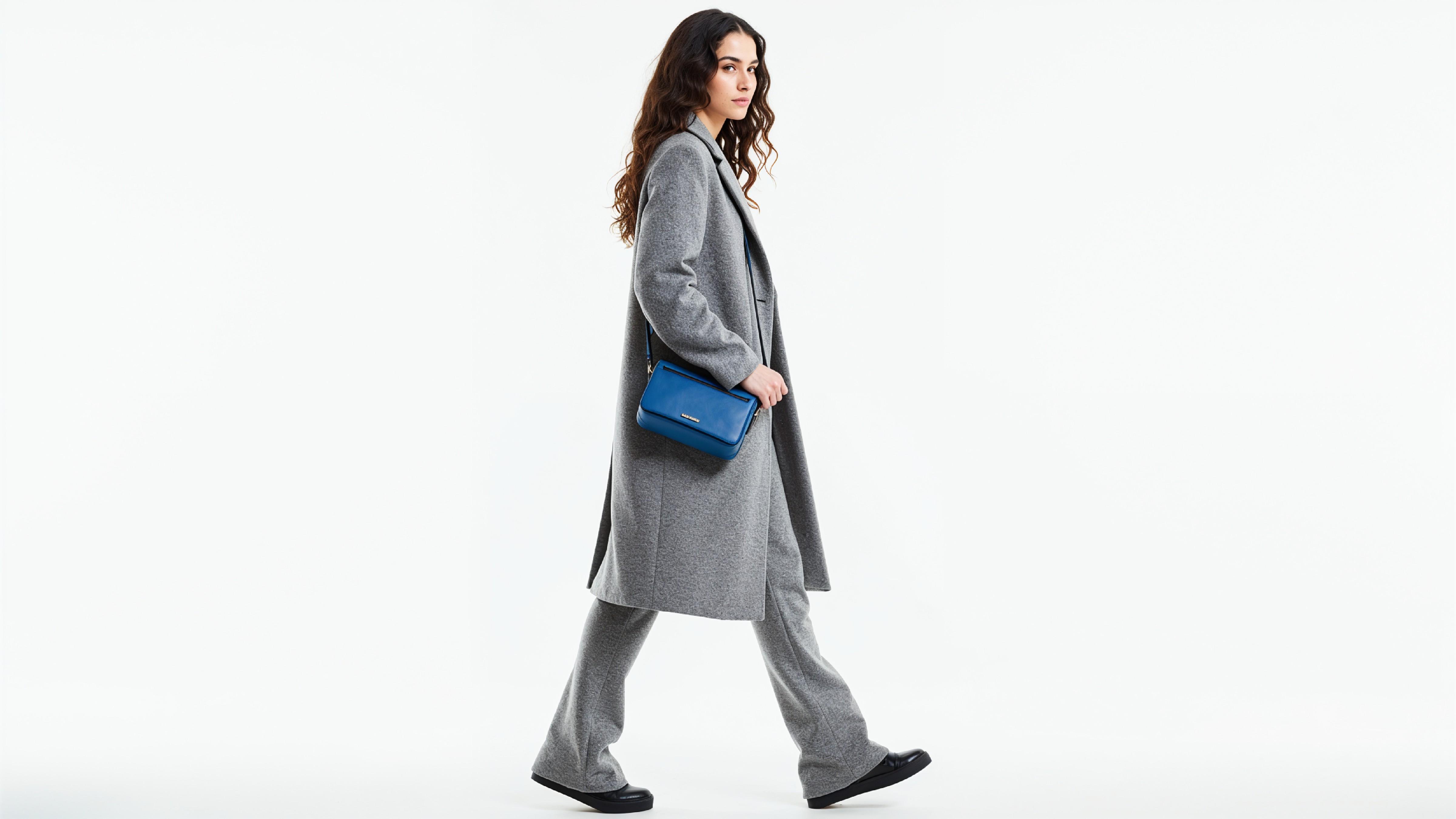 Fashionable Woman in Gray Coat and Trousers with Crossbody Bag