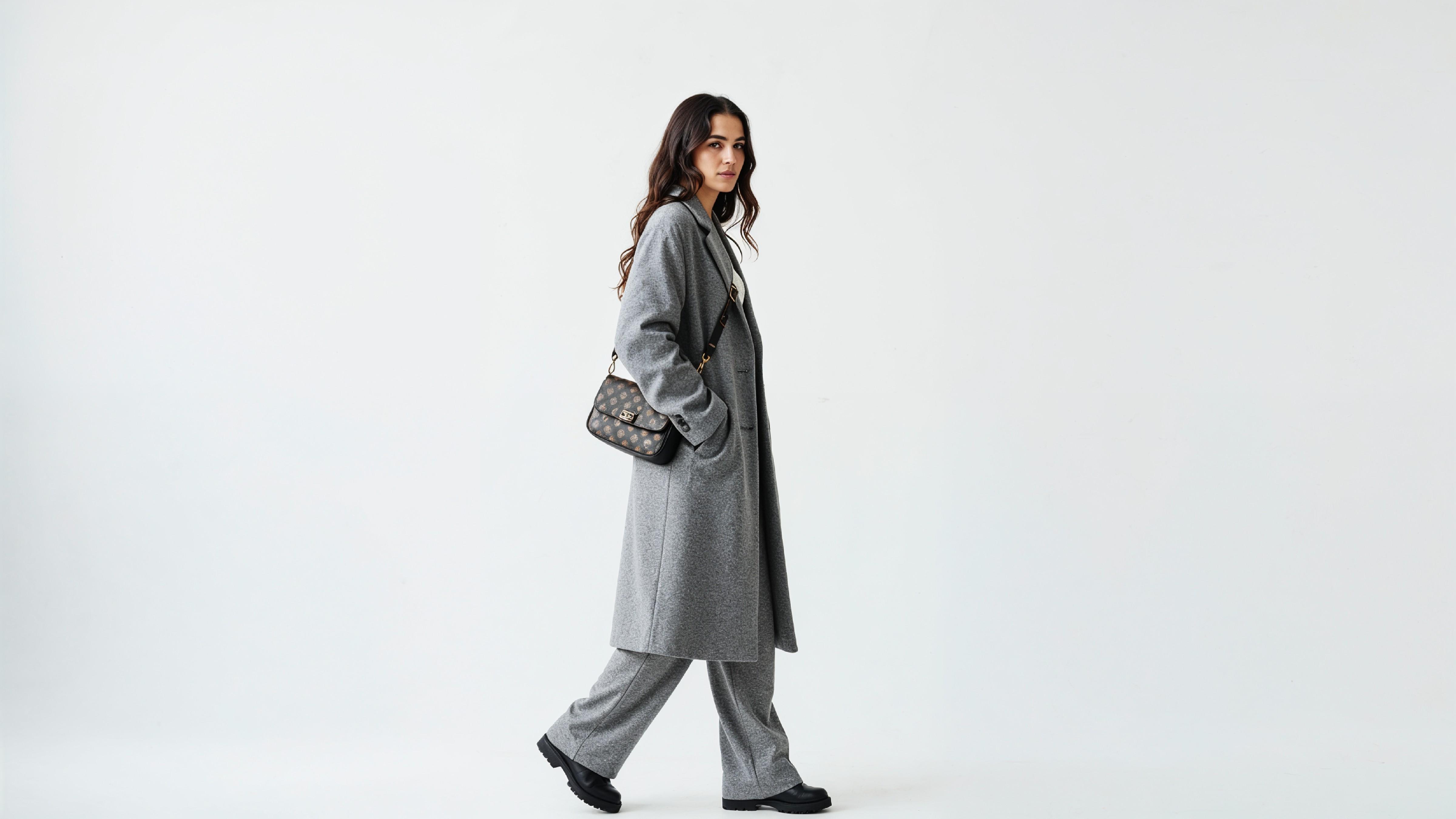 Fashionable Woman in Gray Coat and Trousers with Crossbody Bag