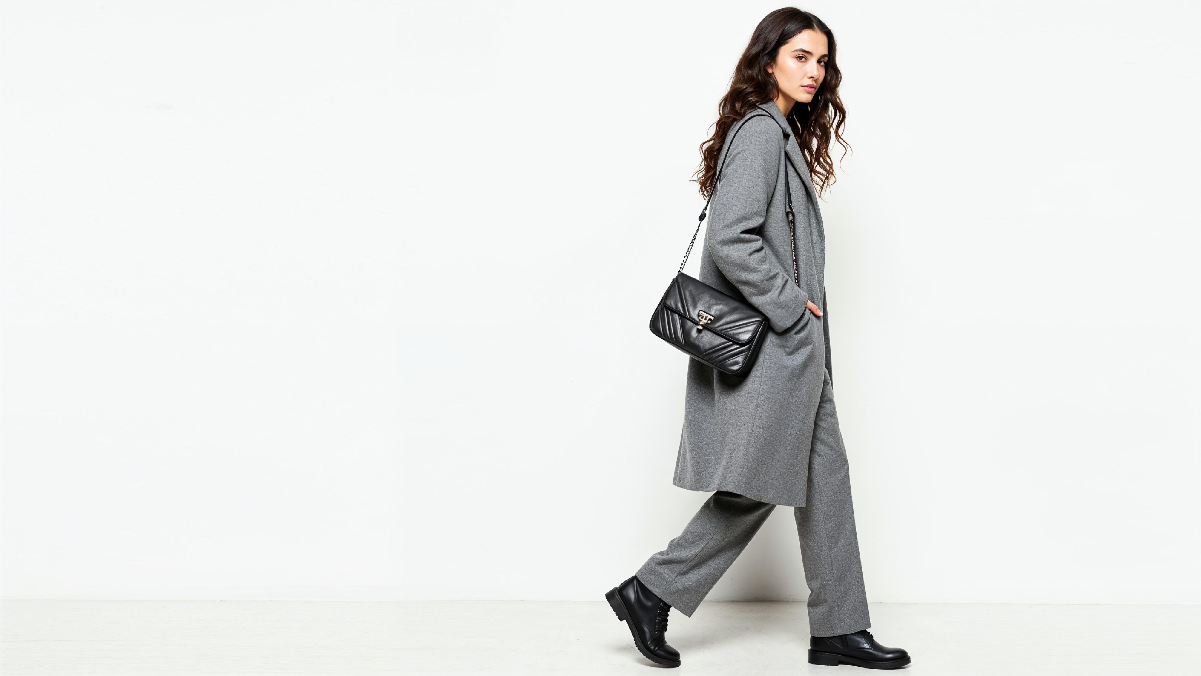 Fashionable Woman in Gray Coat and Trousers with Crossbody Bag