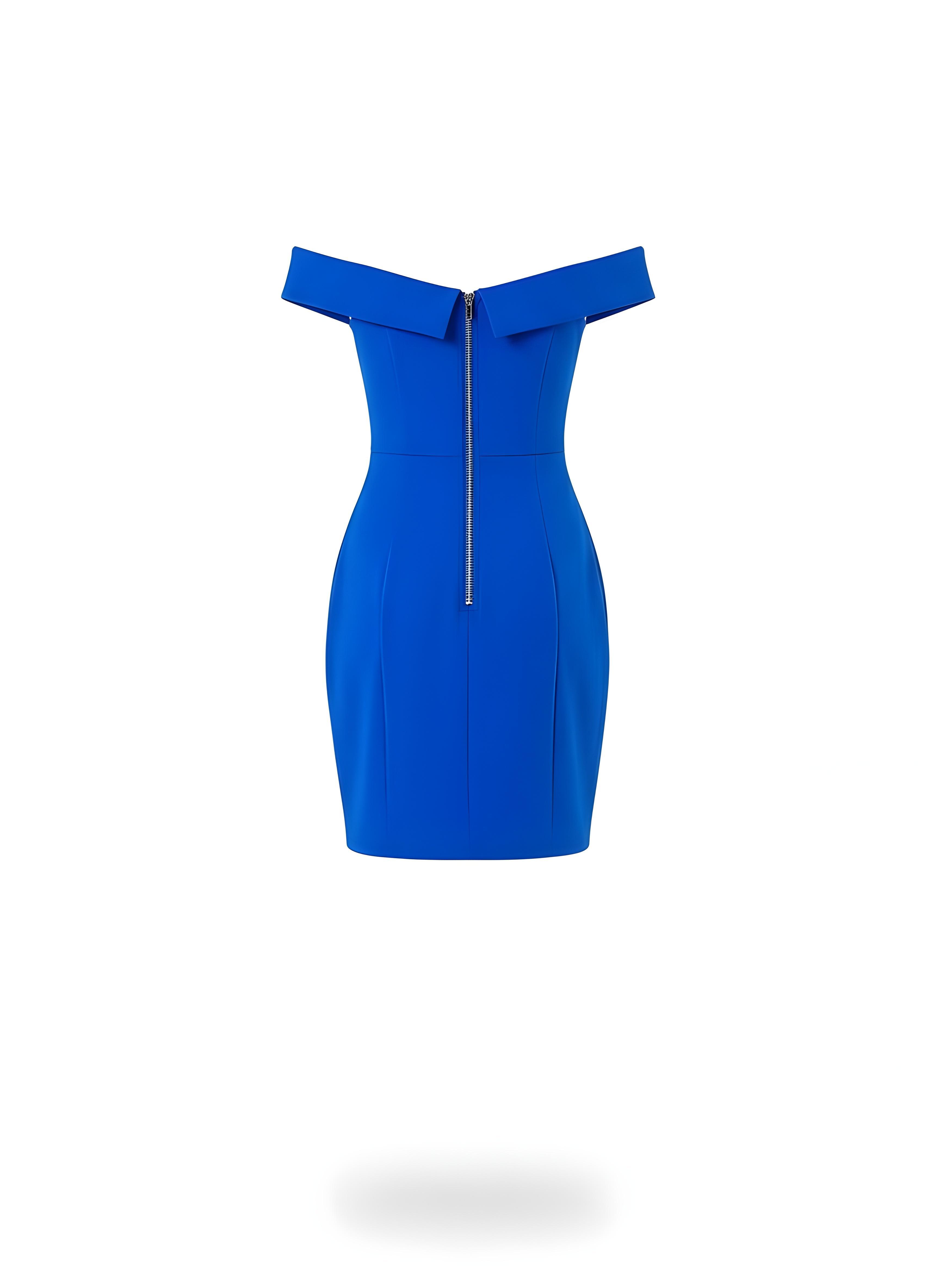 Beautiful Blonde Woman Wearing Elegant Blue Bodycon Dress Isolated on White Background