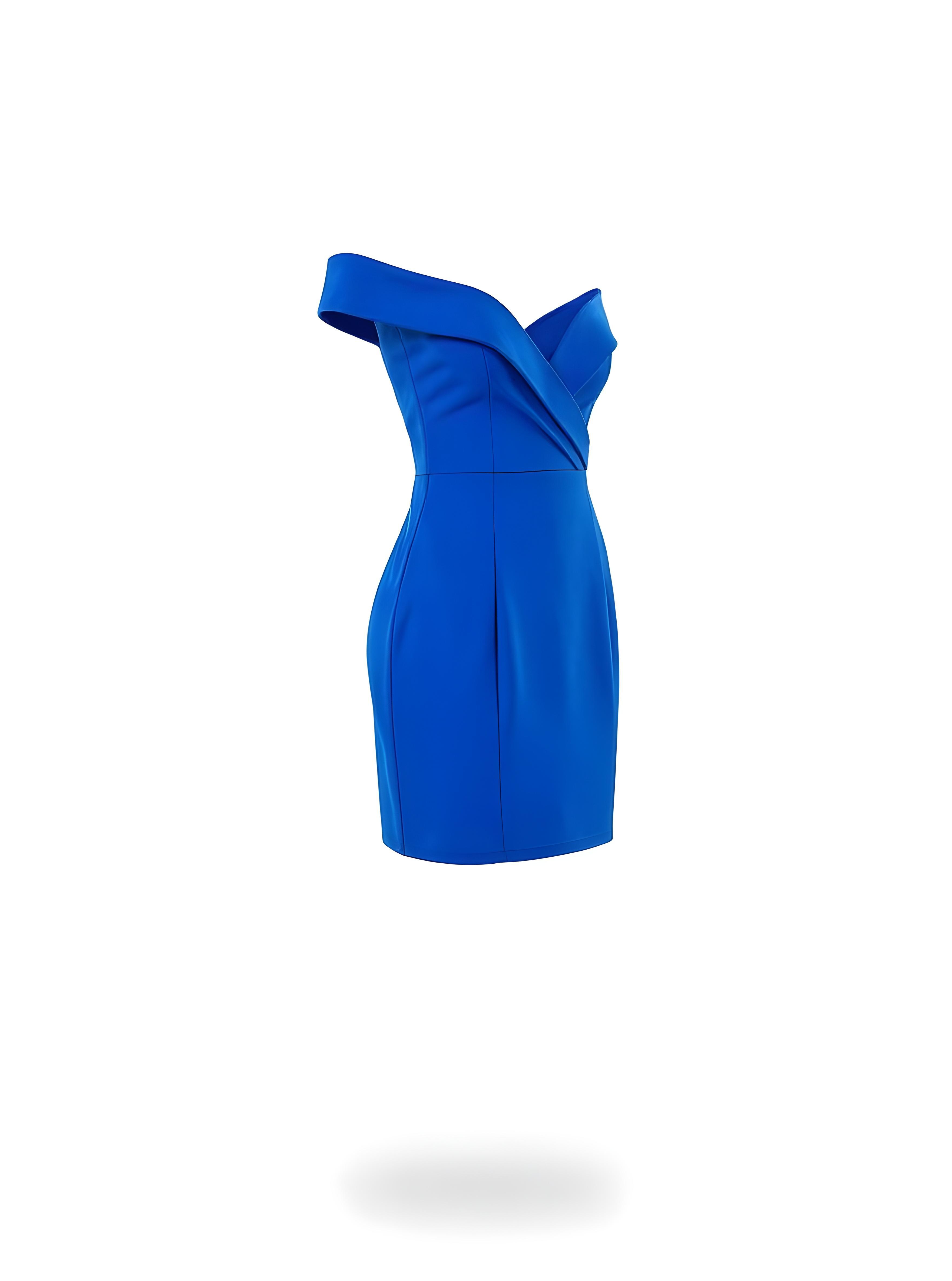 Beautiful Blonde Woman Wearing Elegant Blue Bodycon Dress Isolated on White Background