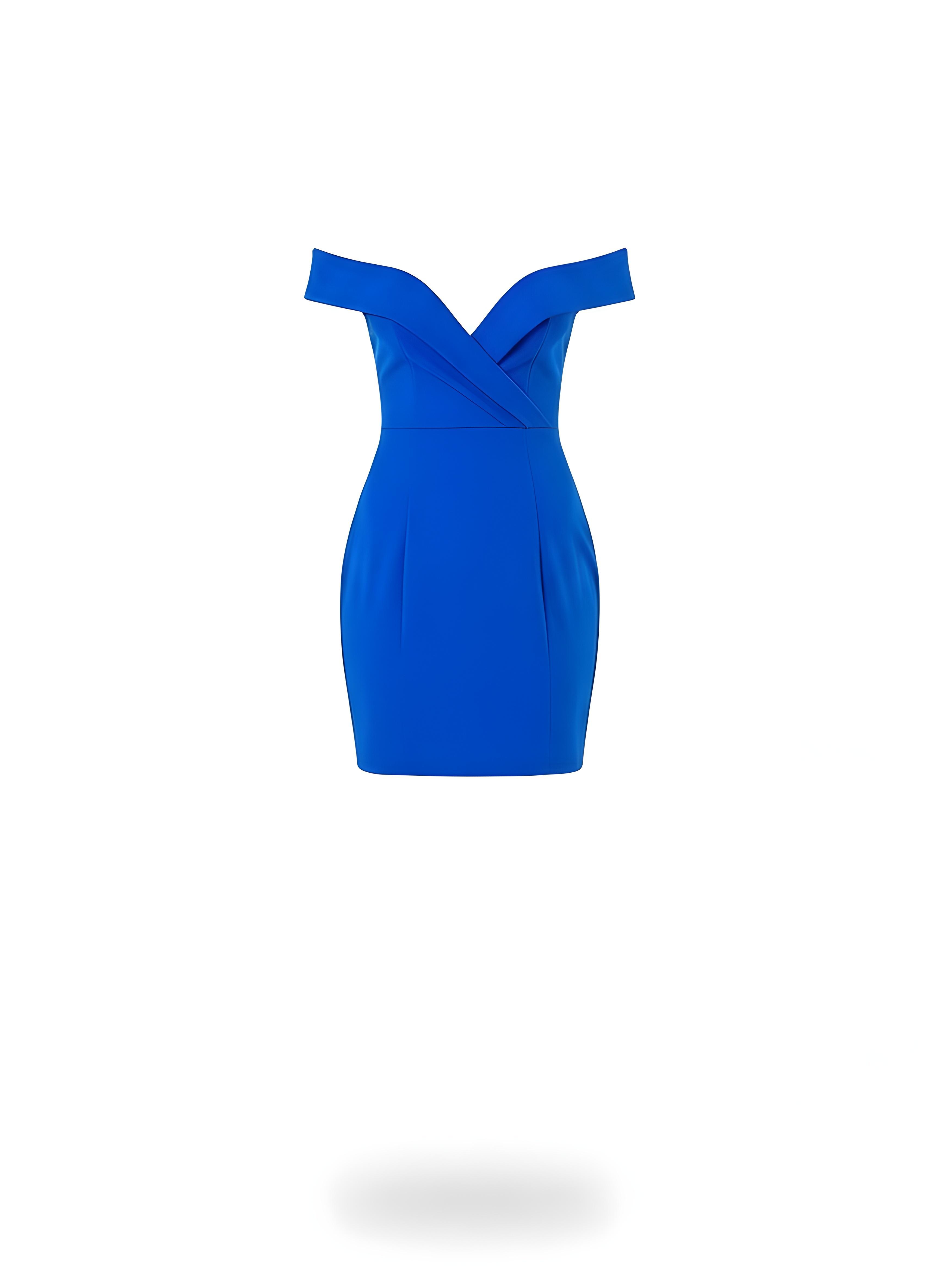 Beautiful Blonde Woman Wearing Elegant Blue Bodycon Dress Isolated on White Background