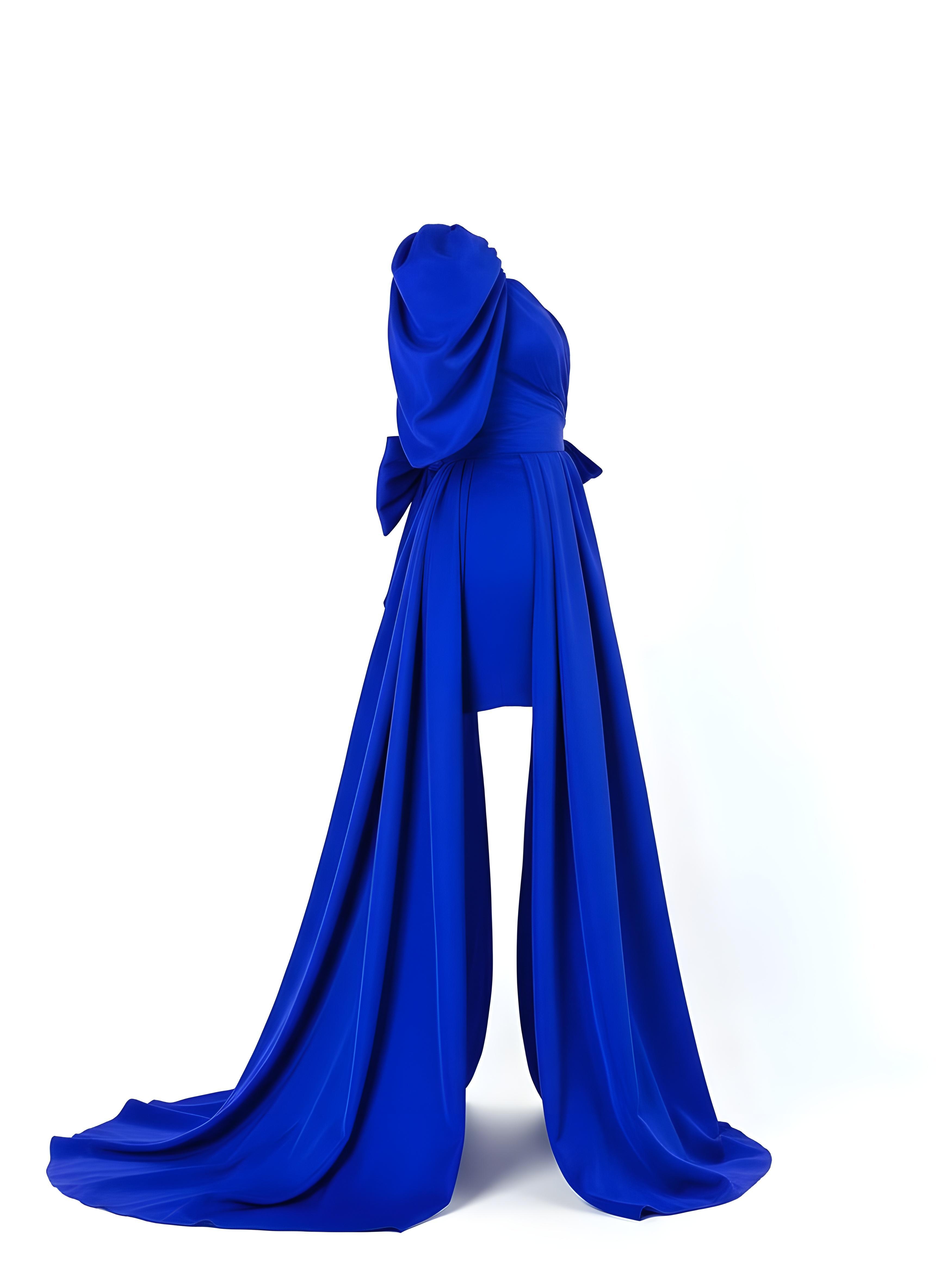 Beautiful Blonde Woman Wearing Elegant Blue Bodycon Dress Isolated on White Background