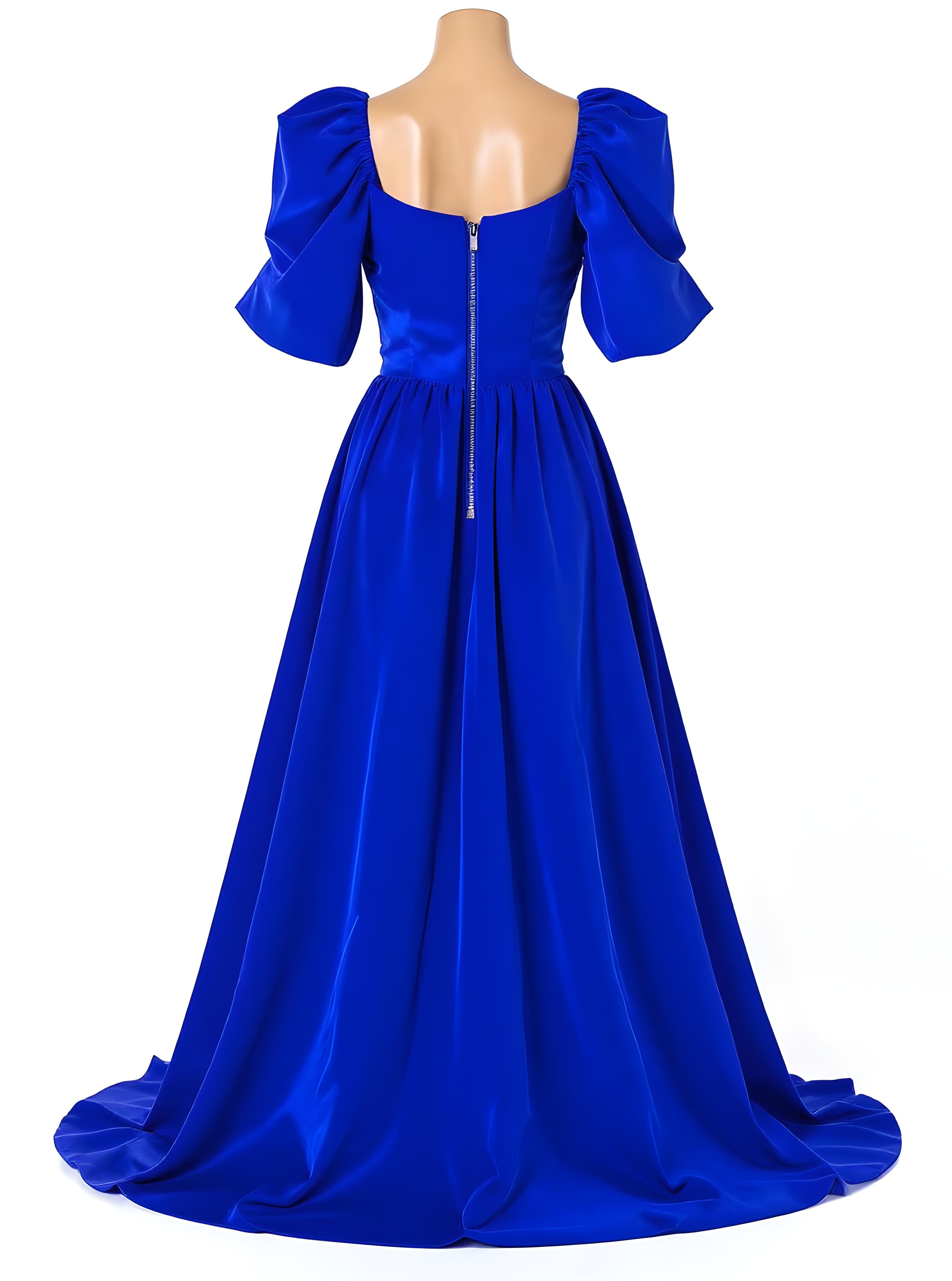 Beautiful Blonde Woman Wearing Elegant Blue Bodycon Dress Isolated on White Background
