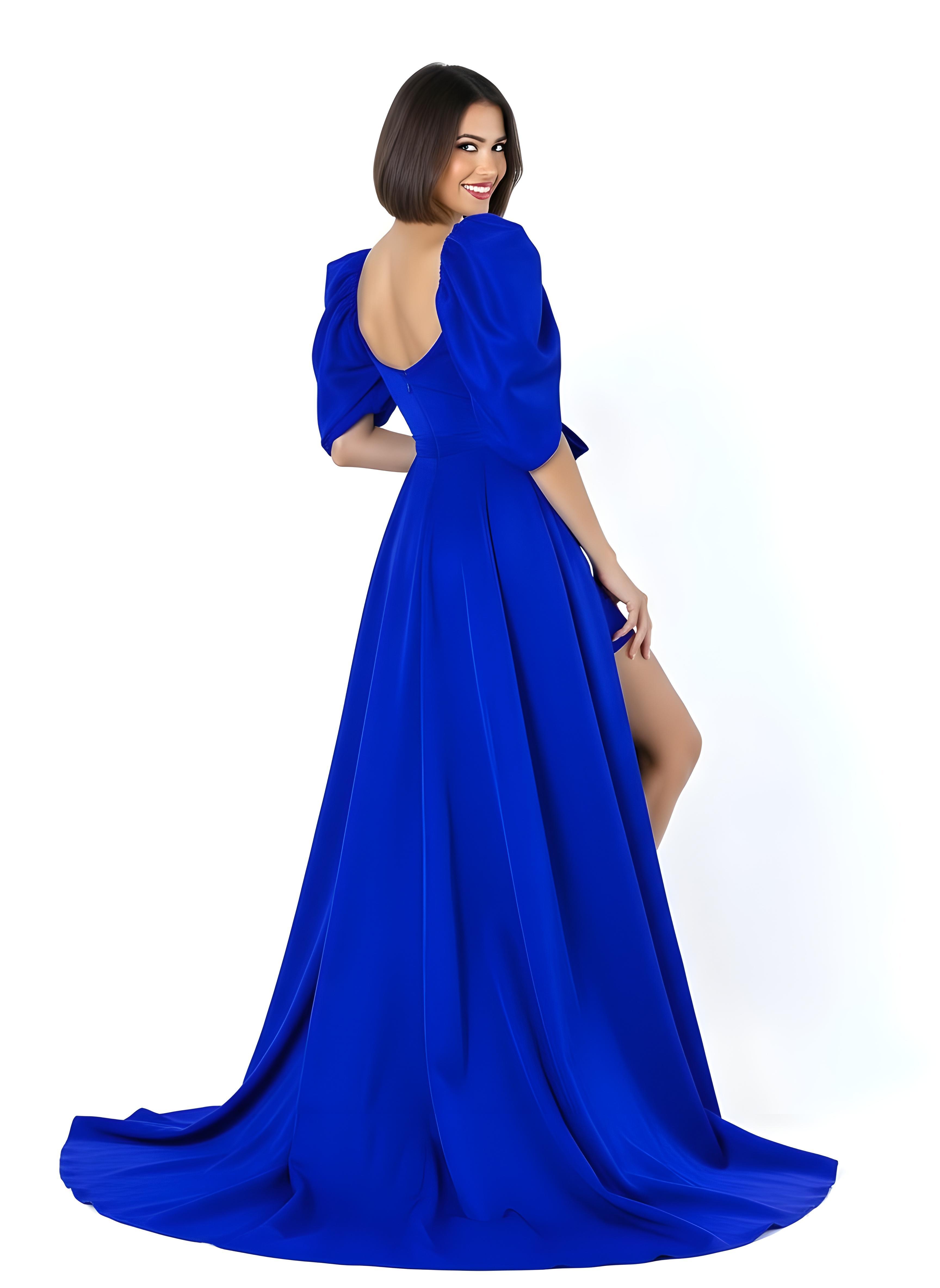 Beautiful Blonde Woman Wearing Elegant Blue Bodycon Dress Isolated on White Background