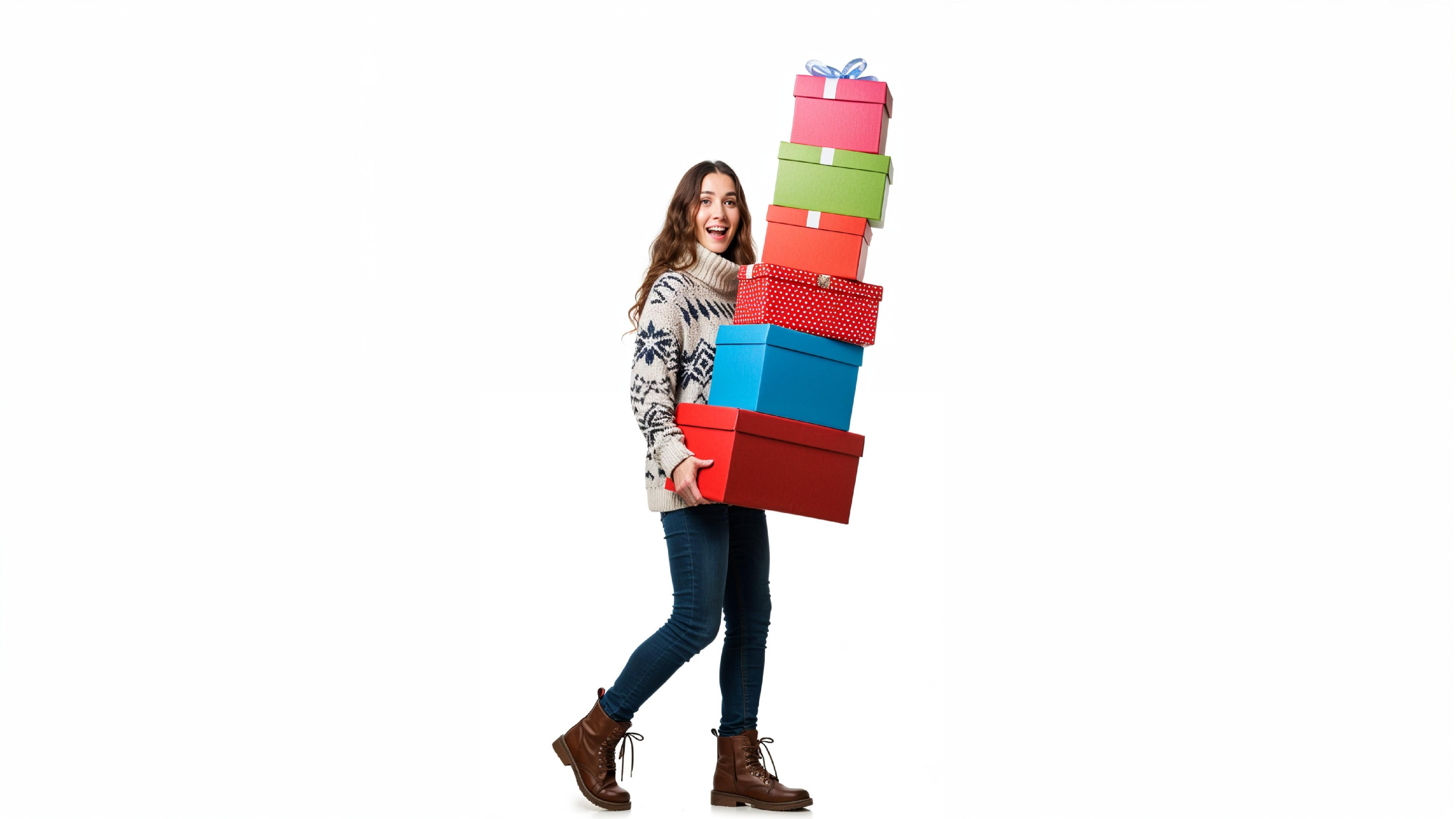 Happy Young Woman Carrying Stack of Colorful Gift Boxes