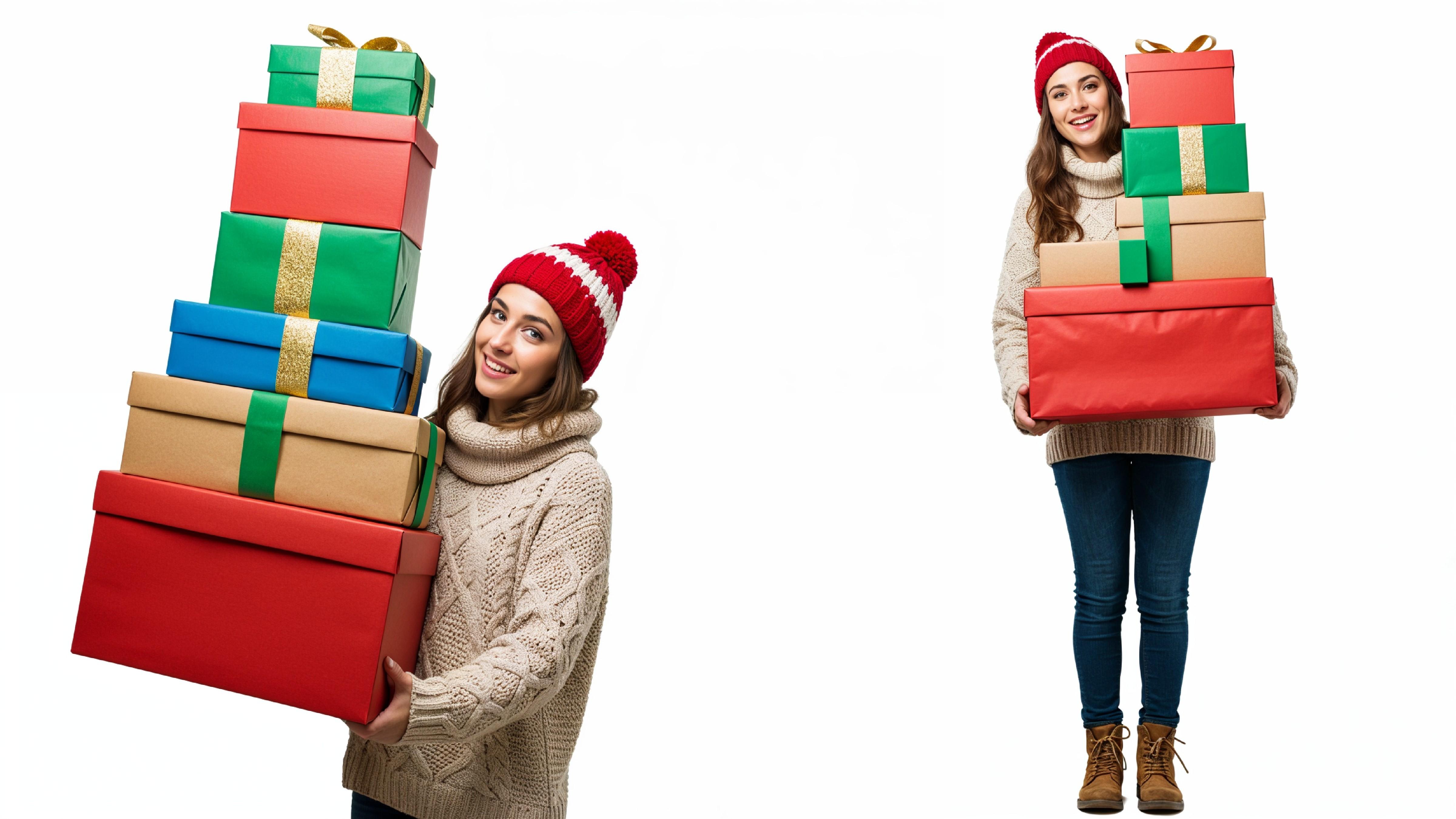 Happy Young Woman Carrying Stack of Colorful Gift Boxes
