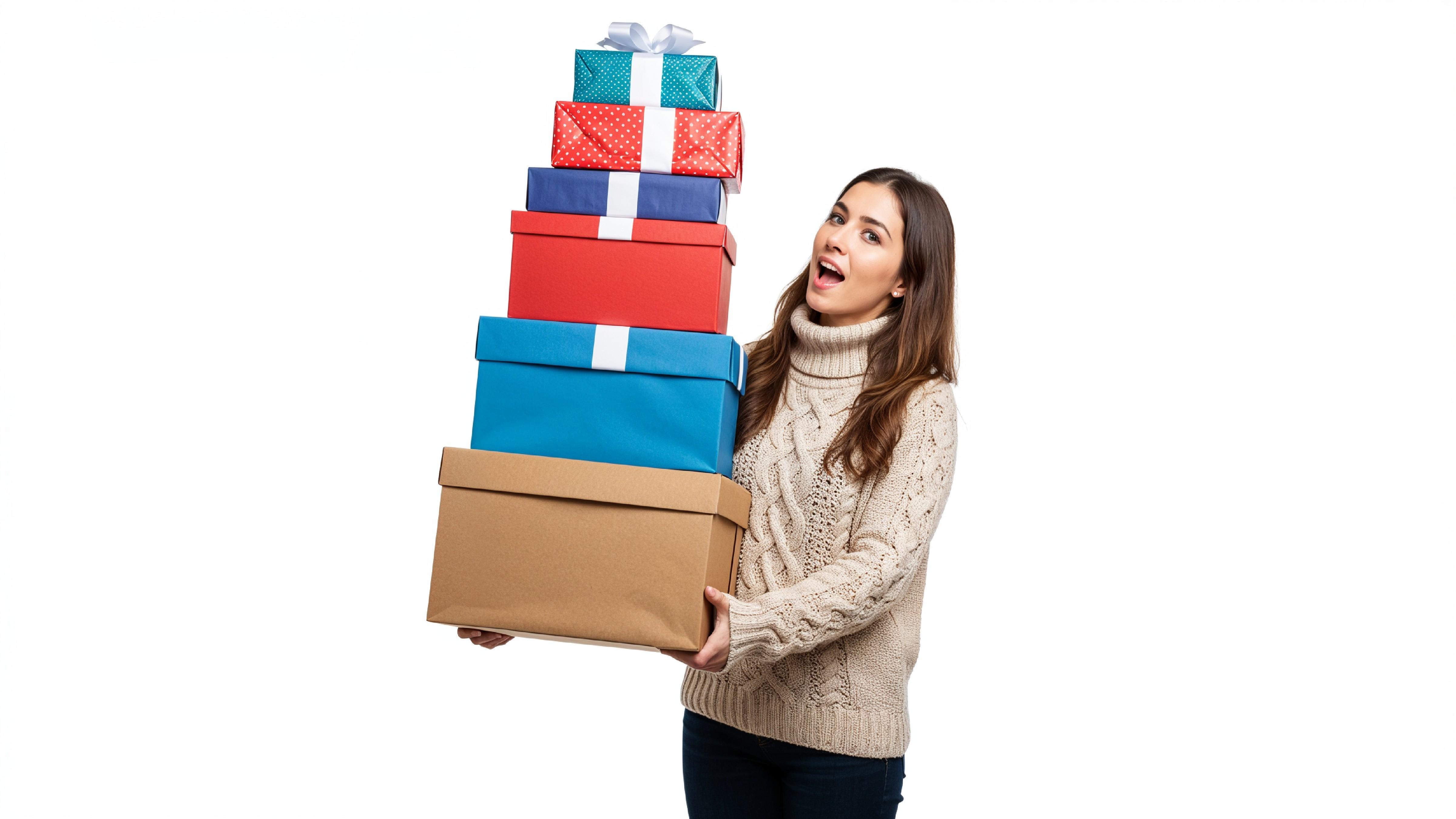 Happy Young Woman Carrying Stack of Colorful Gift Boxes