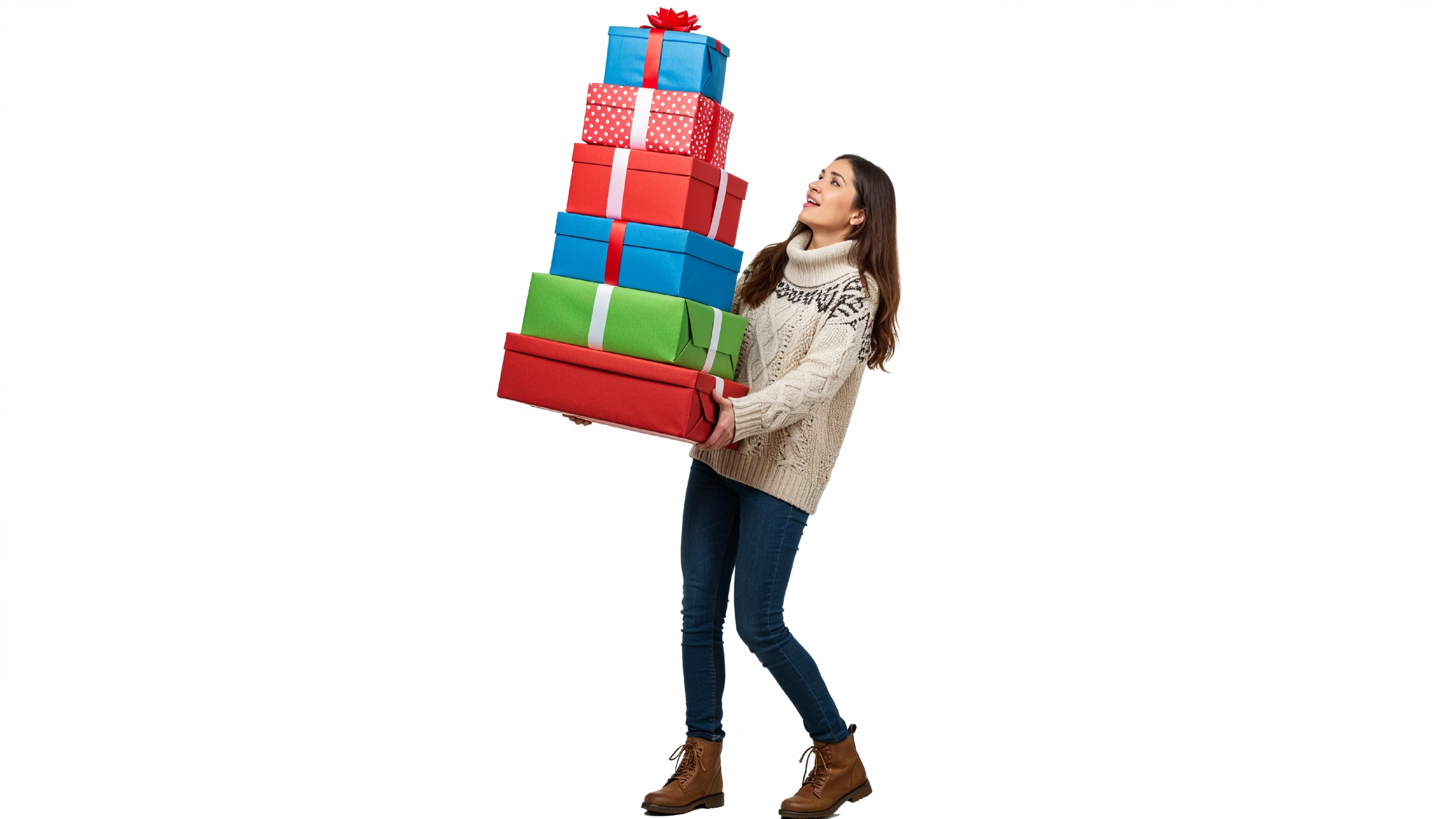 Happy Young Woman Carrying Stack of Colorful Gift Boxes