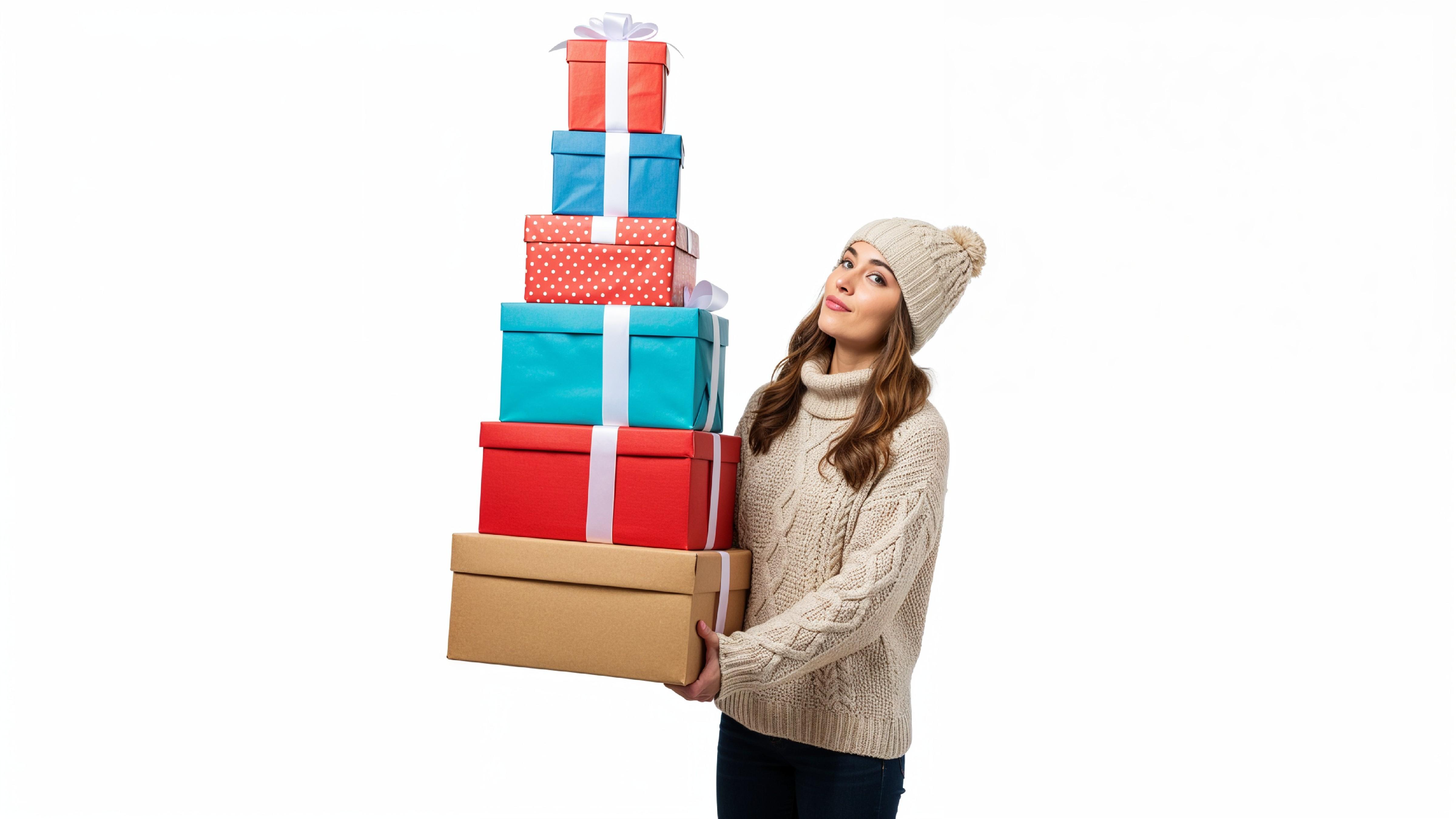 Happy Young Woman Carrying Stack of Colorful Gift Boxes