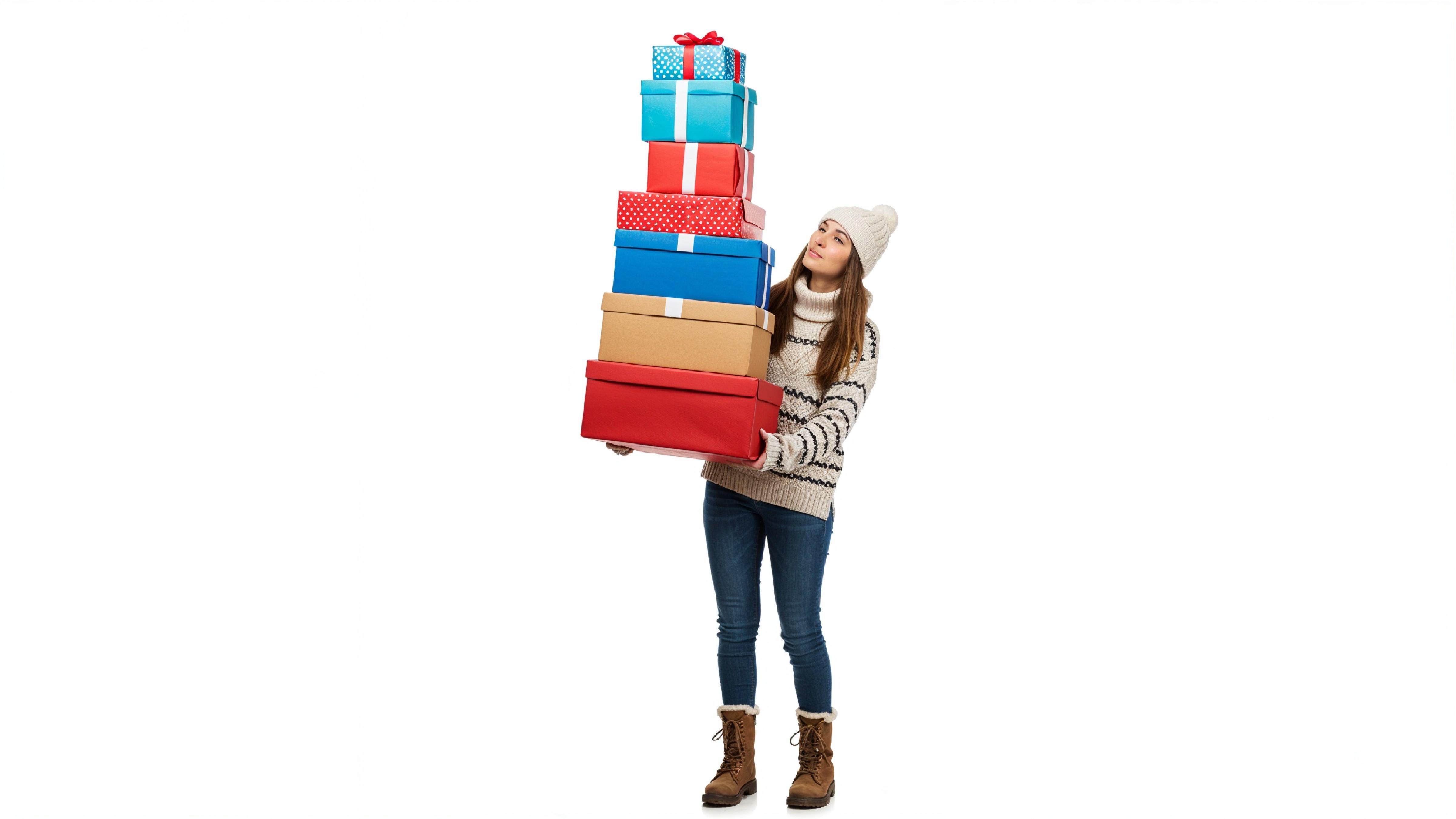 Happy Young Woman Carrying Stack of Colorful Gift Boxes