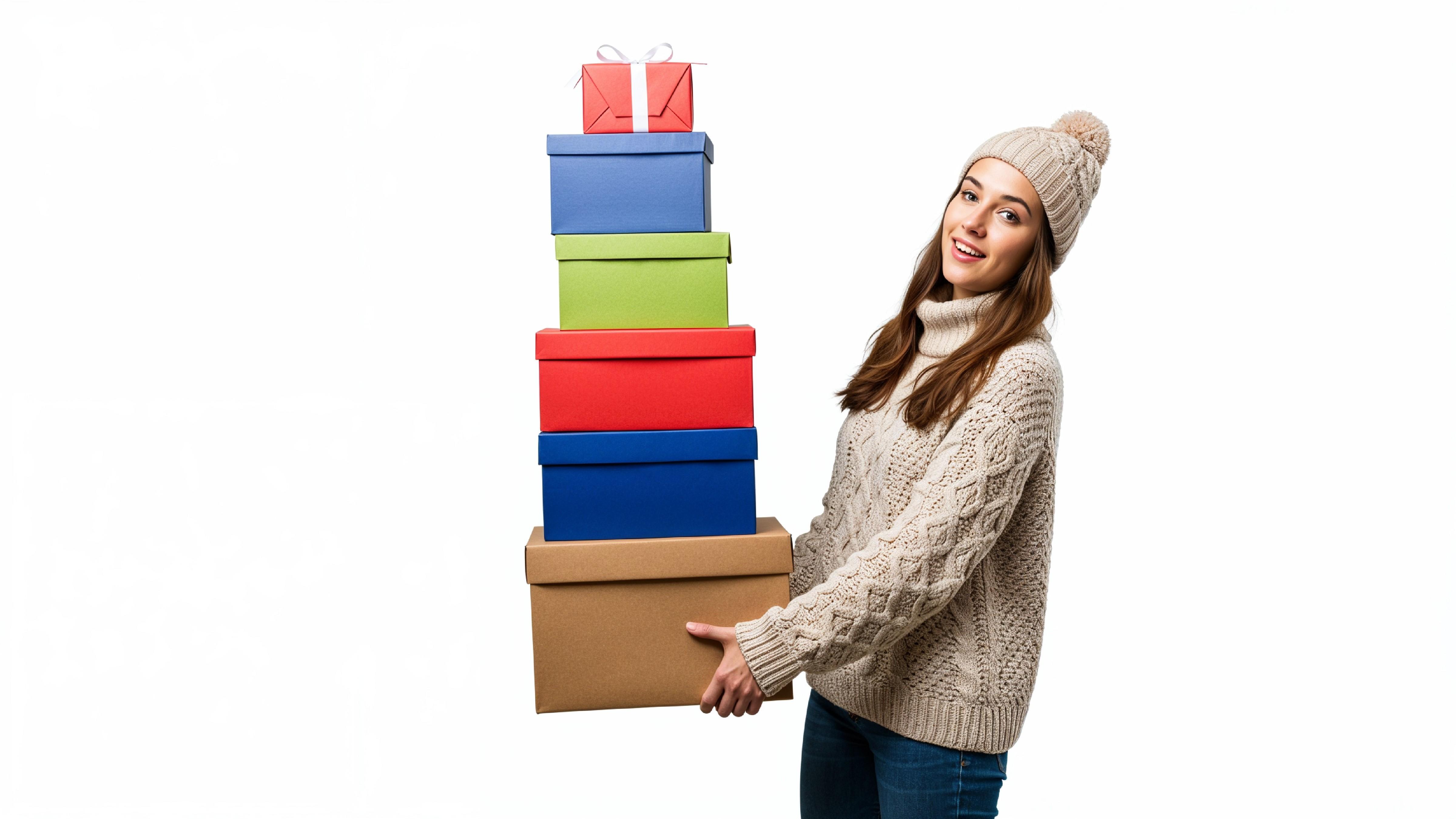 Happy Young Woman Carrying Stack of Colorful Gift Boxes