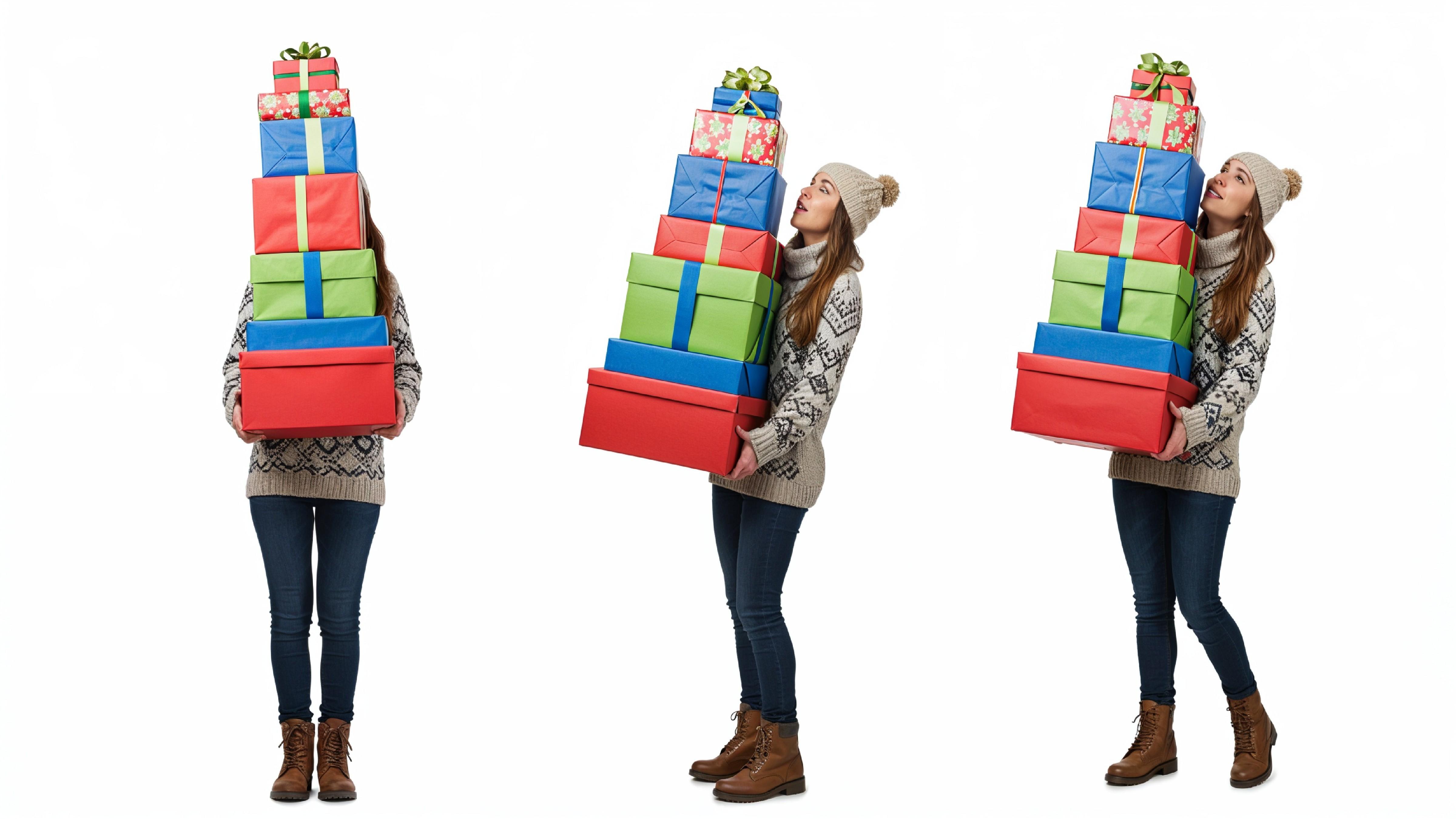 Happy Young Woman Carrying Stack of Colorful Gift Boxes