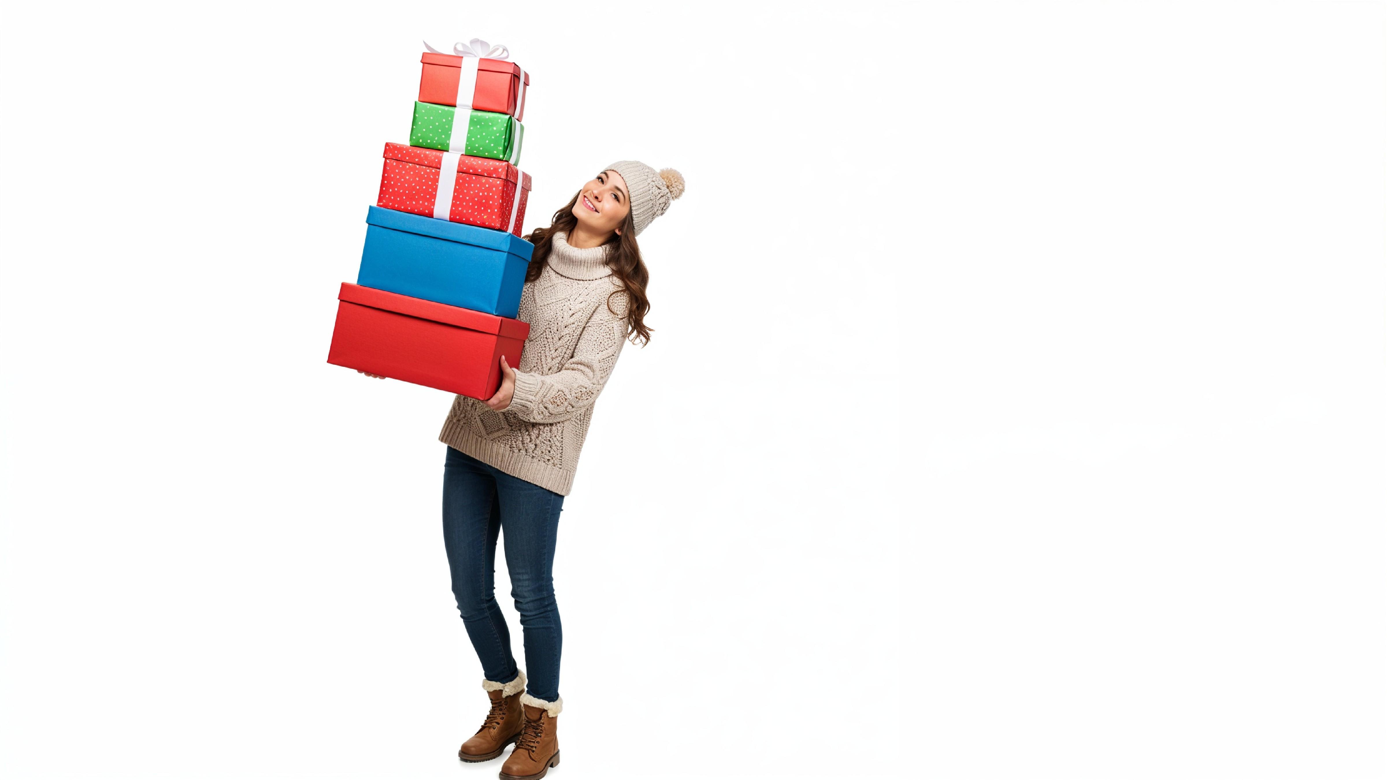 Happy Young Woman Carrying Stack of Colorful Gift Boxes