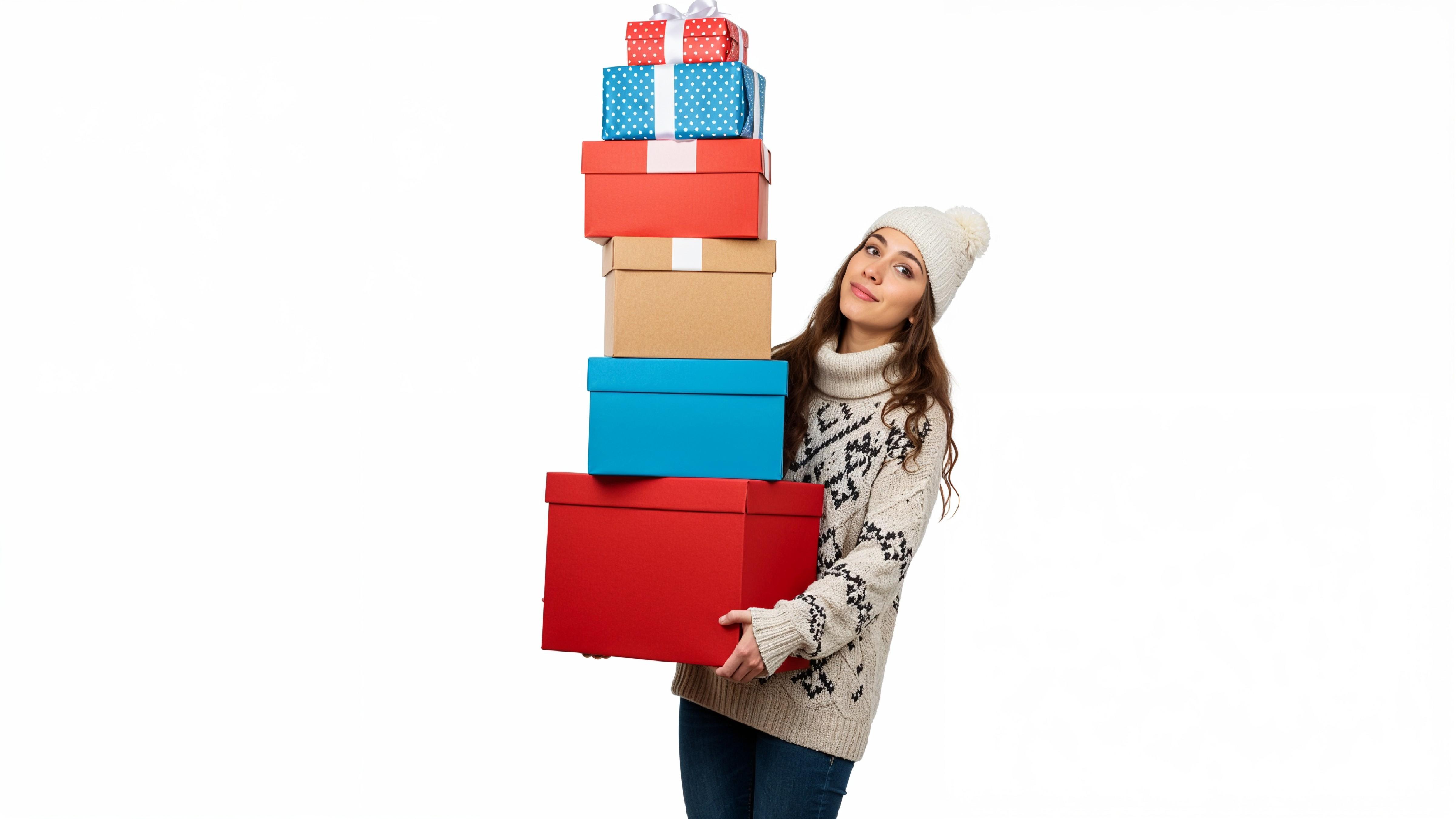 Happy Young Woman Carrying Stack of Colorful Gift Boxes