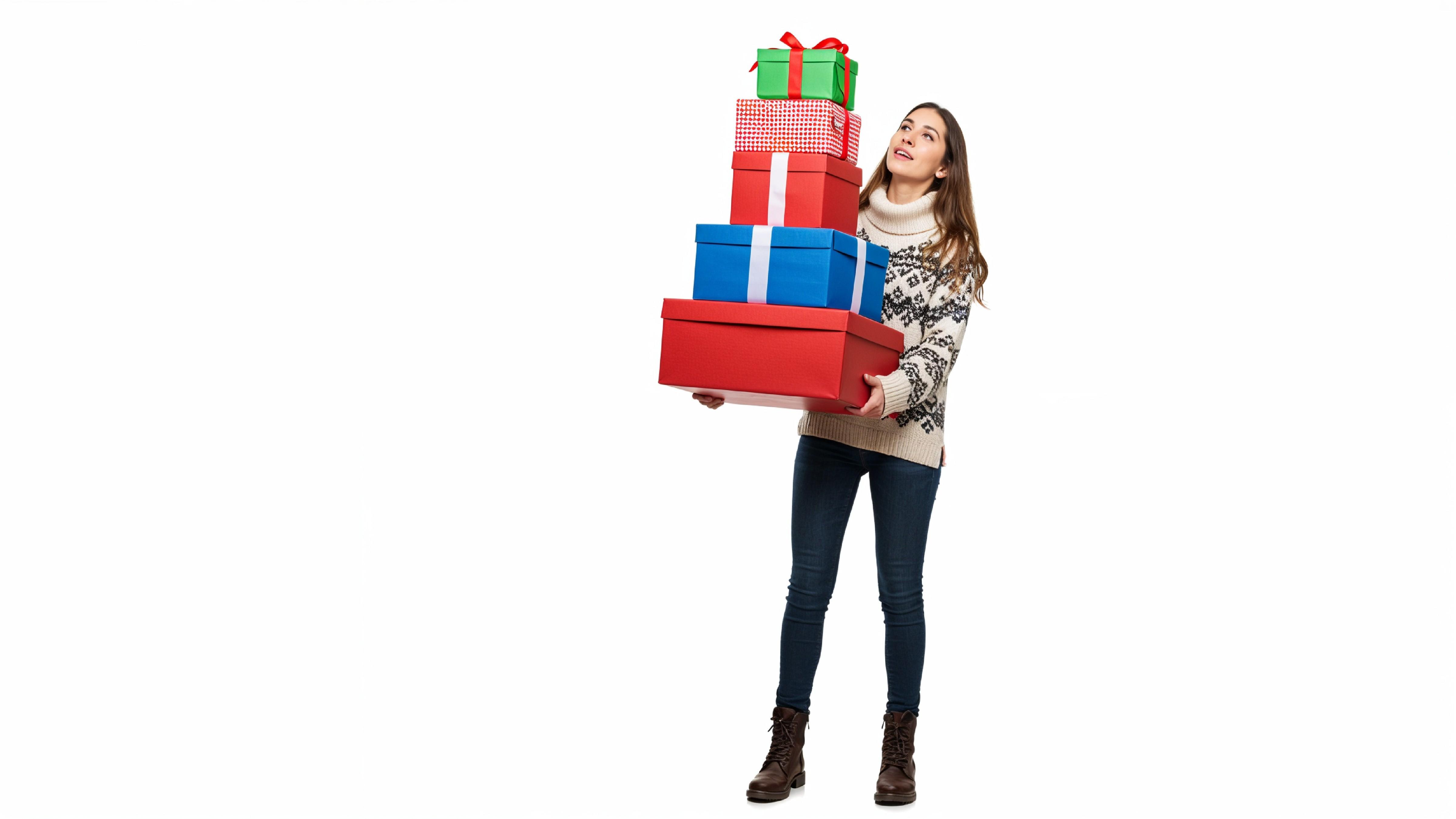 Happy Young Woman Carrying Stack of Colorful Gift Boxes