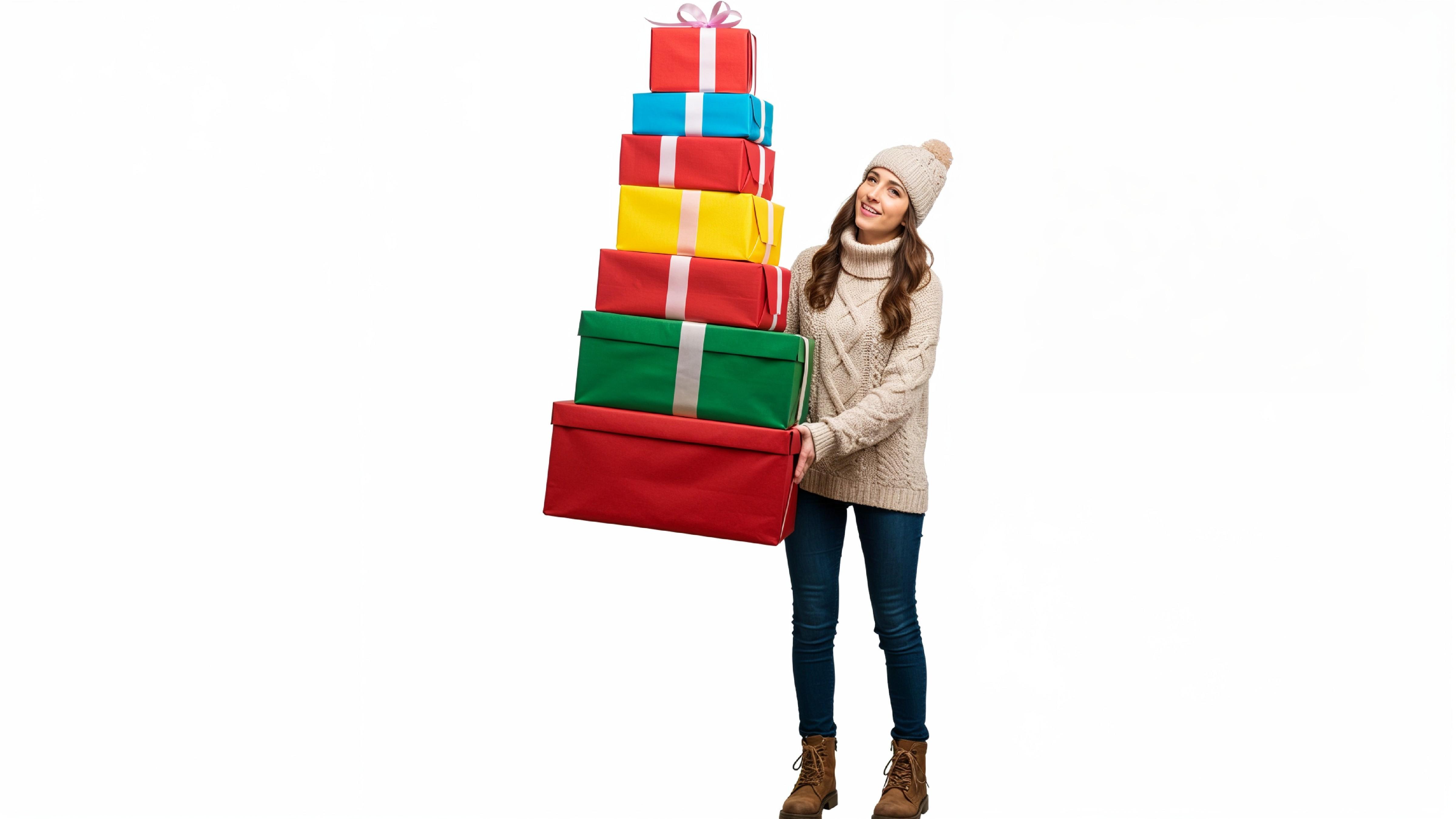 Happy Young Woman Carrying Stack of Colorful Gift Boxes