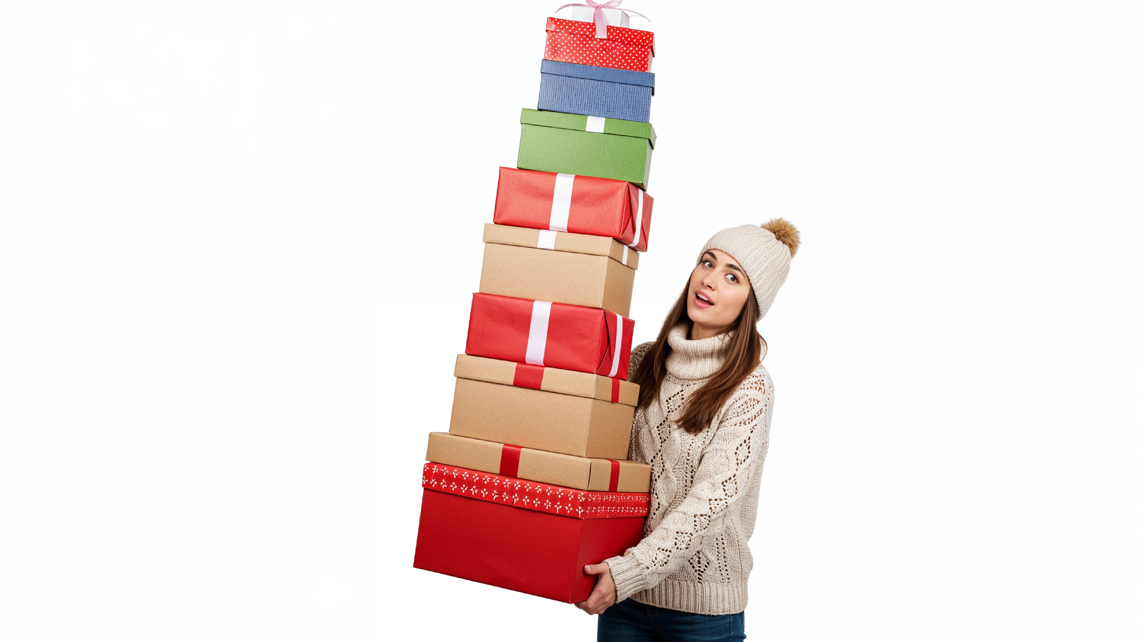 Happy Young Woman Carrying Stack of Colorful Gift Boxes