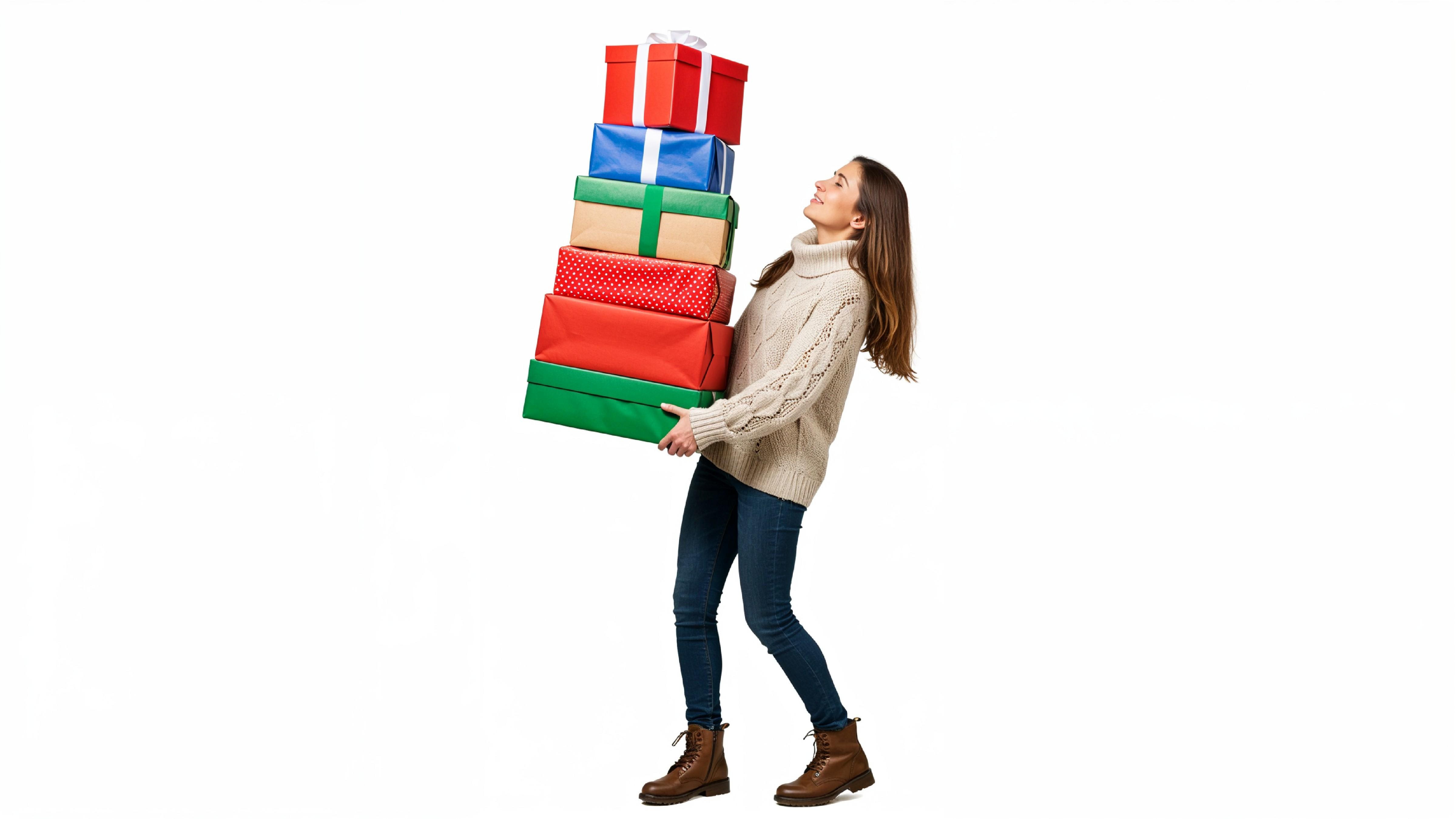 Happy Young Woman Carrying Stack of Colorful Gift Boxes
