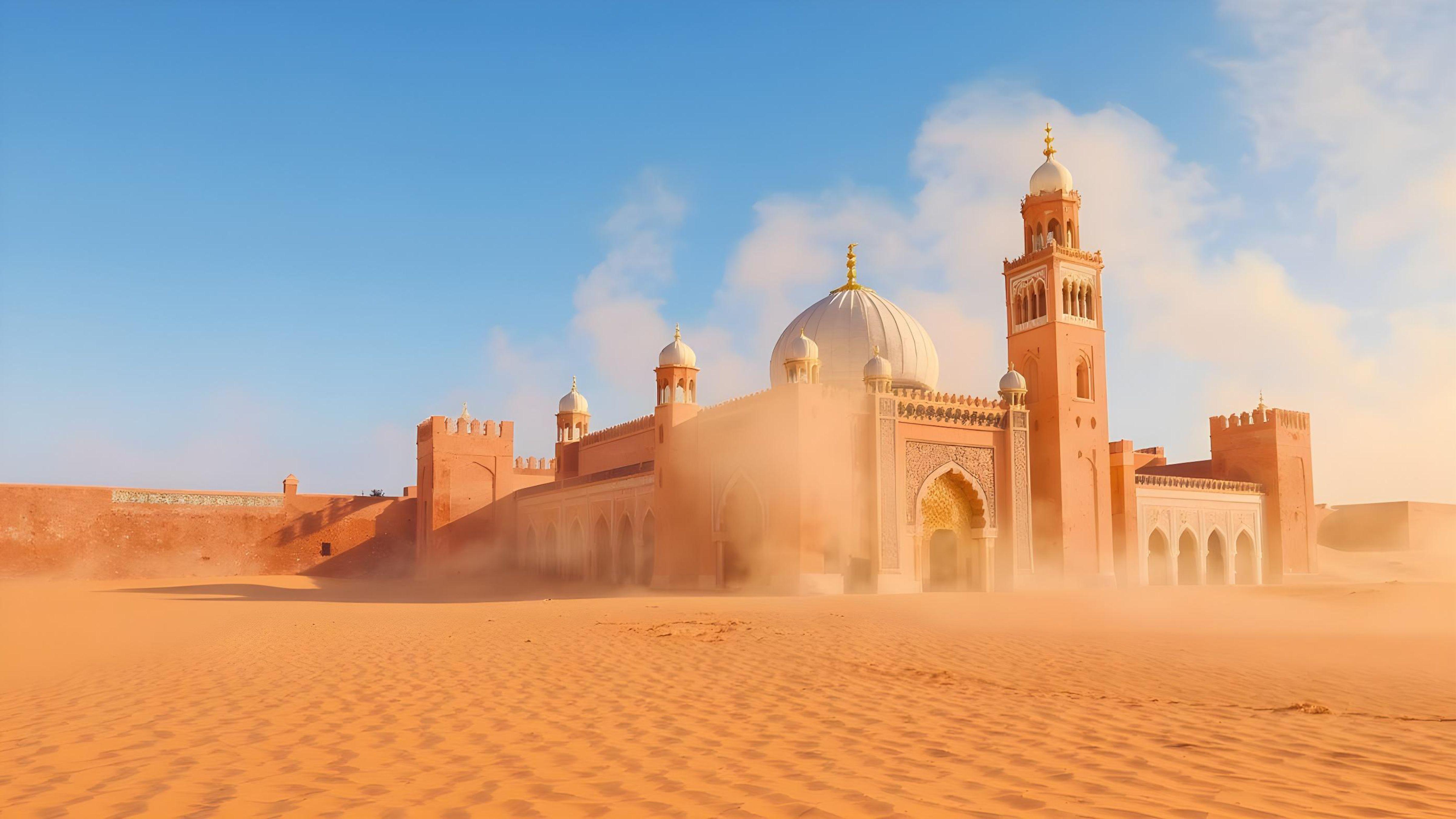 Islamic Mosque in Desert Landscape with Golden Sunlight and Moroccan Architecture