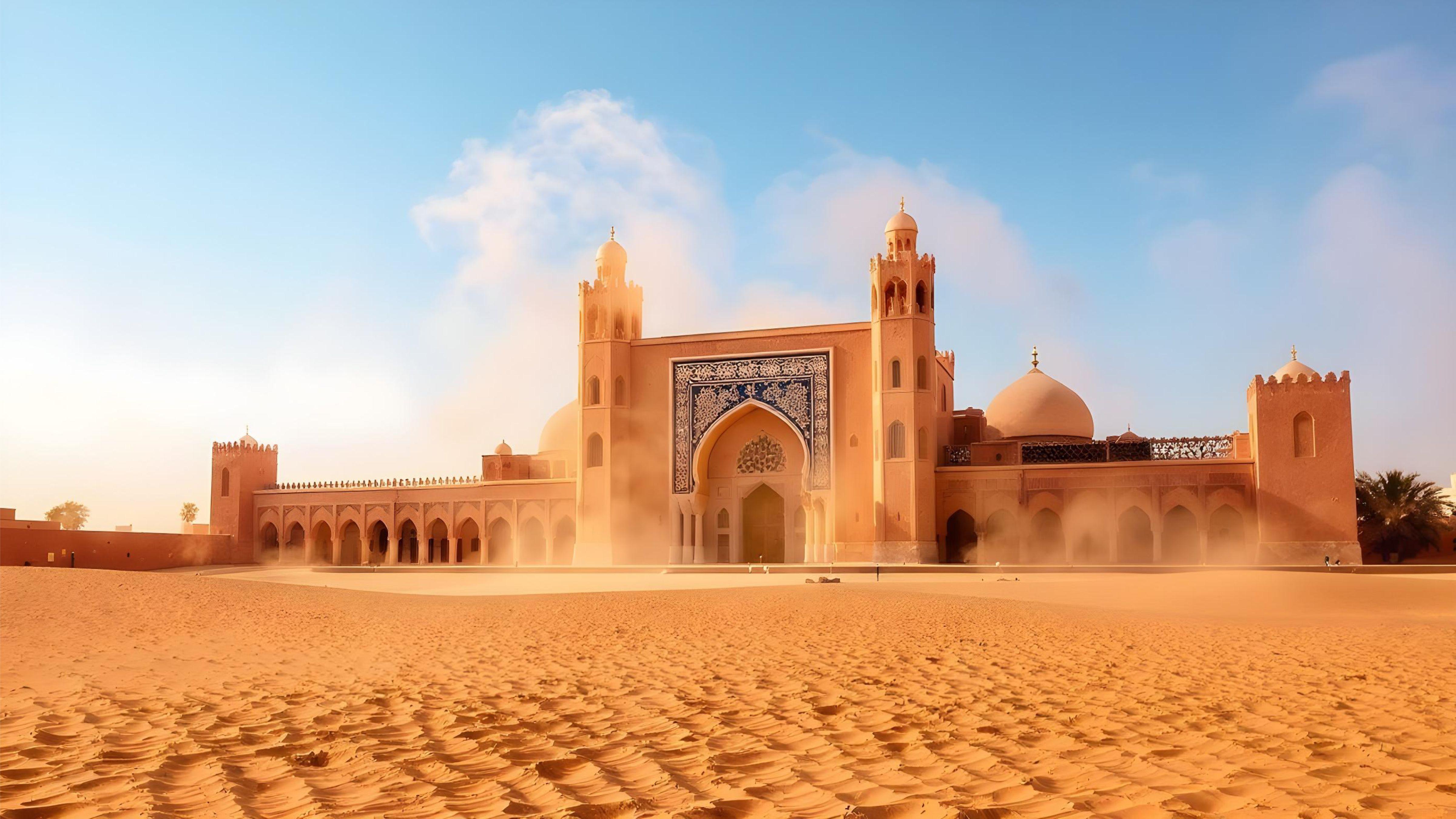 Islamic Mosque in Desert Landscape with Golden Sunlight and Moroccan Architecture