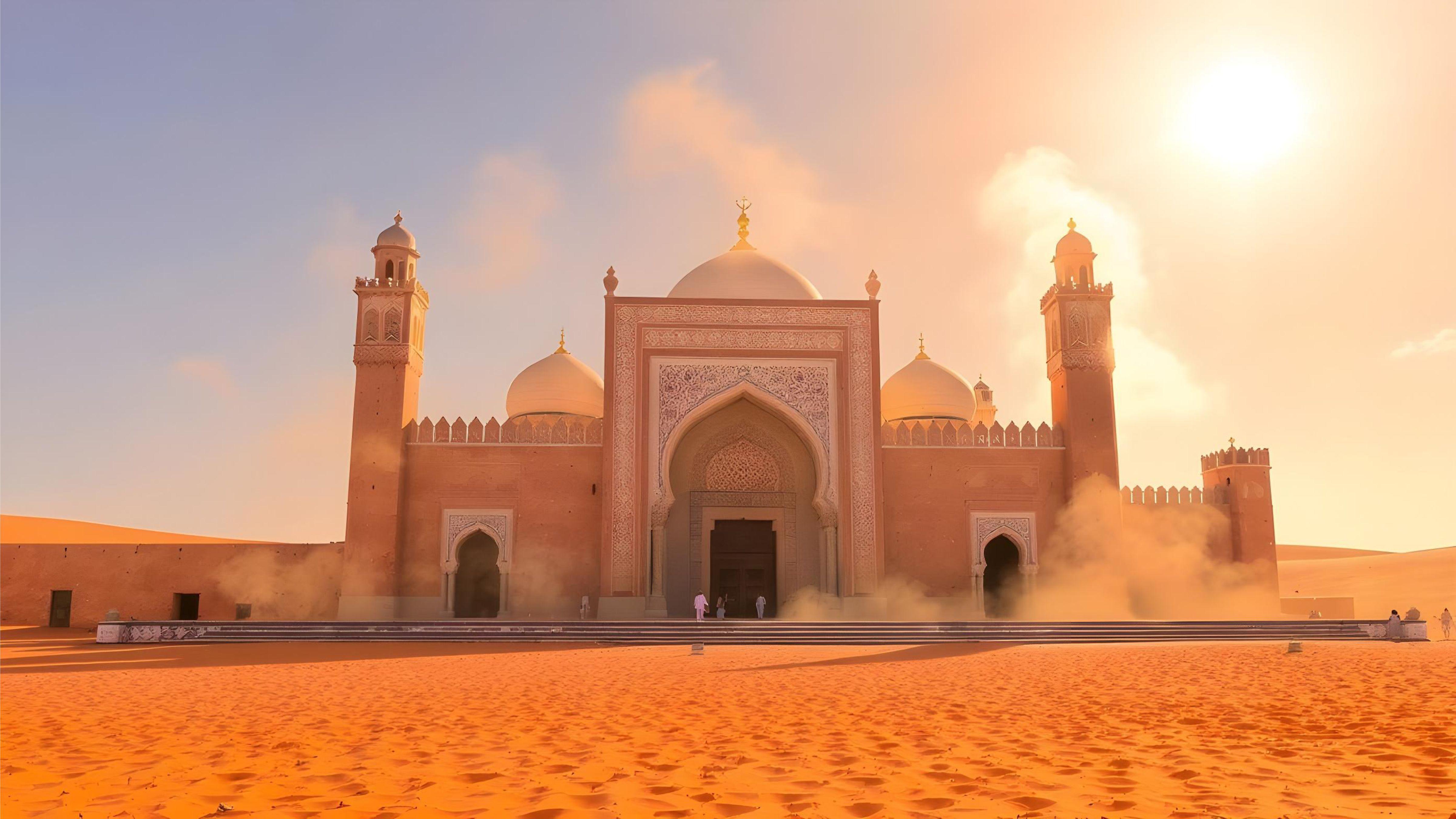 Islamic Mosque in Desert Landscape with Golden Sunlight and Moroccan Architecture