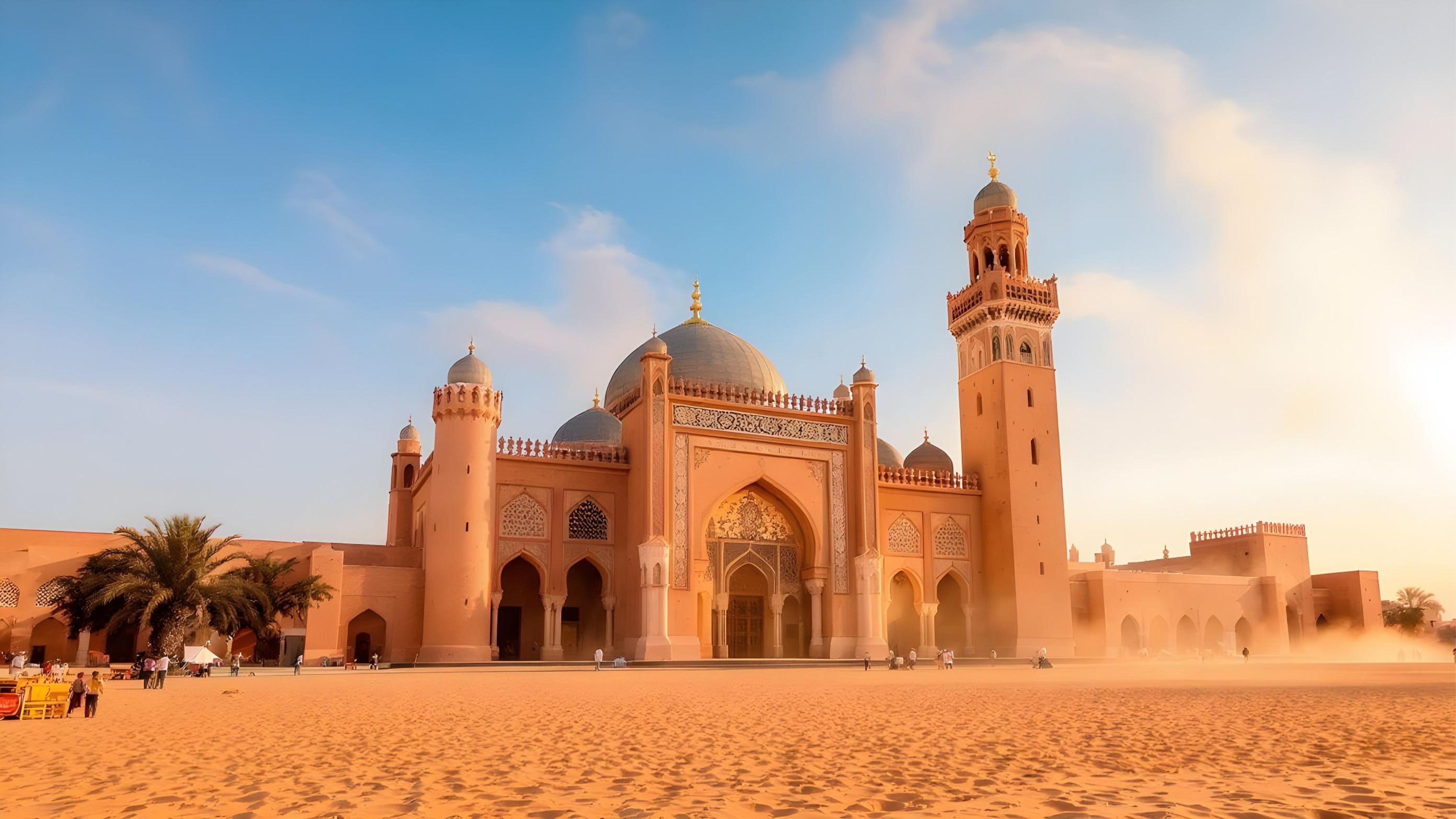 Islamic Mosque in Desert Landscape with Golden Sunlight and Moroccan Architecture