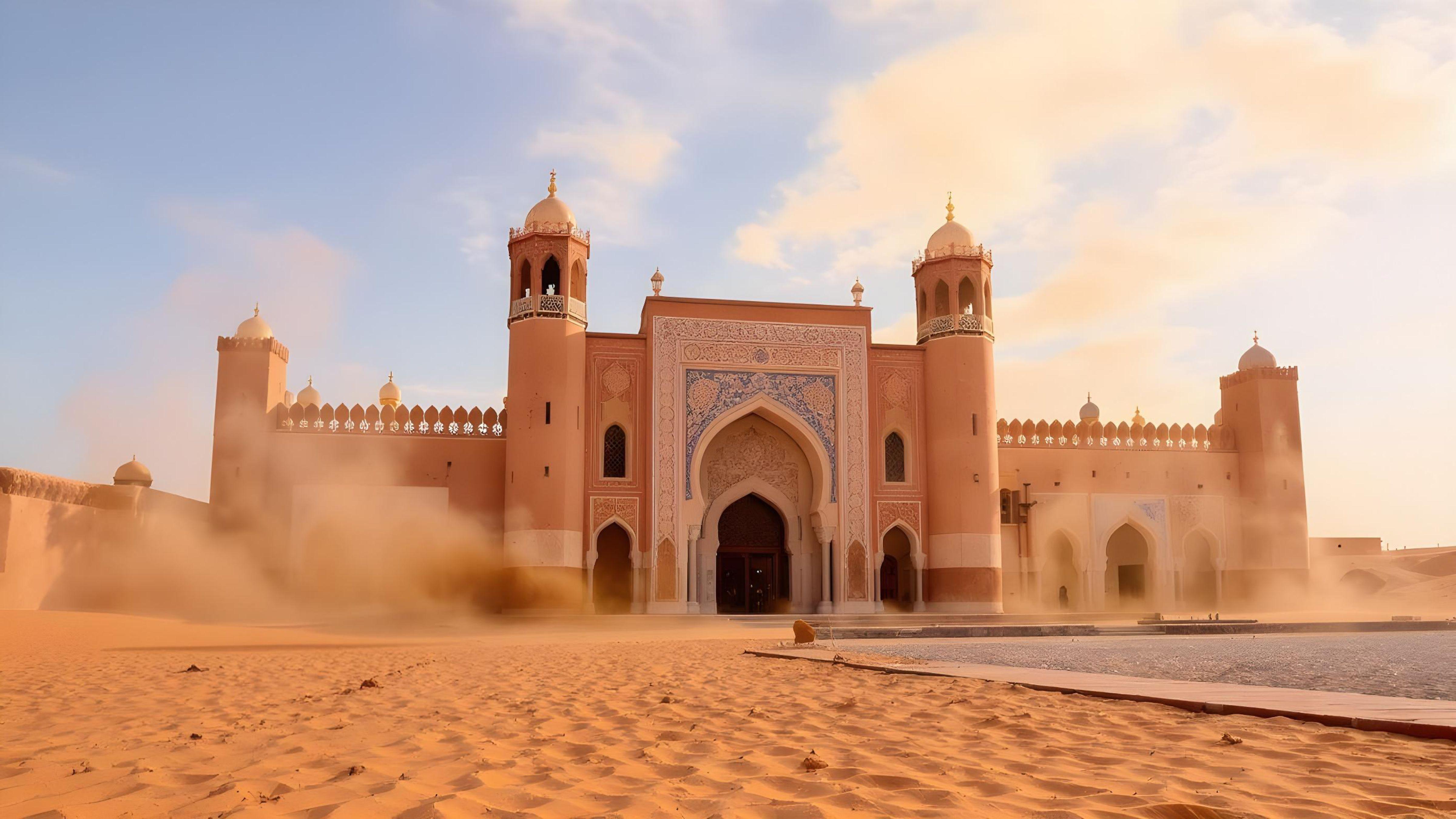 Islamic Mosque in Desert Landscape with Golden Sunlight and Moroccan Architecture