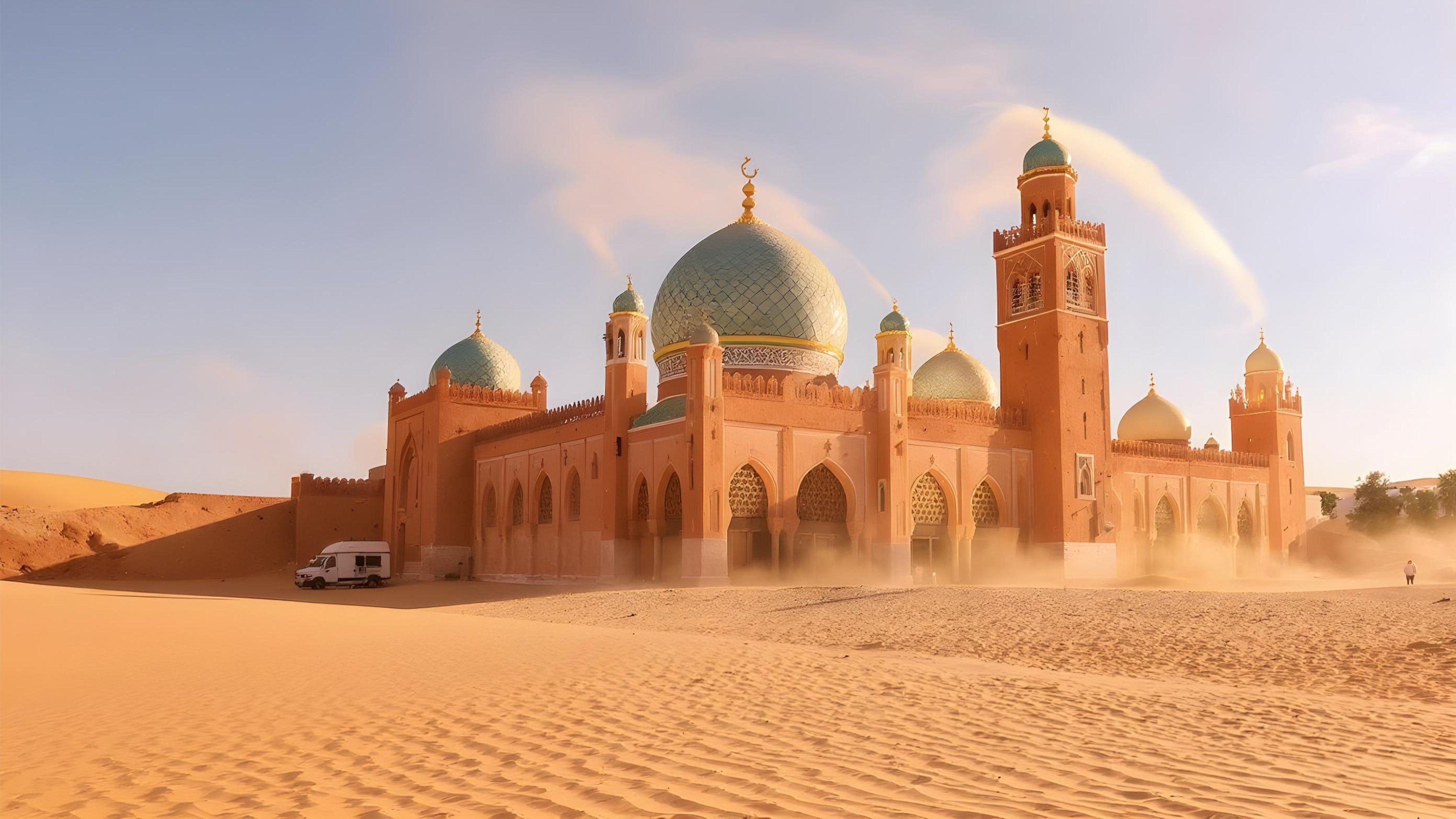 Islamic Mosque in Desert Landscape with Golden Sunlight and Moroccan Architecture