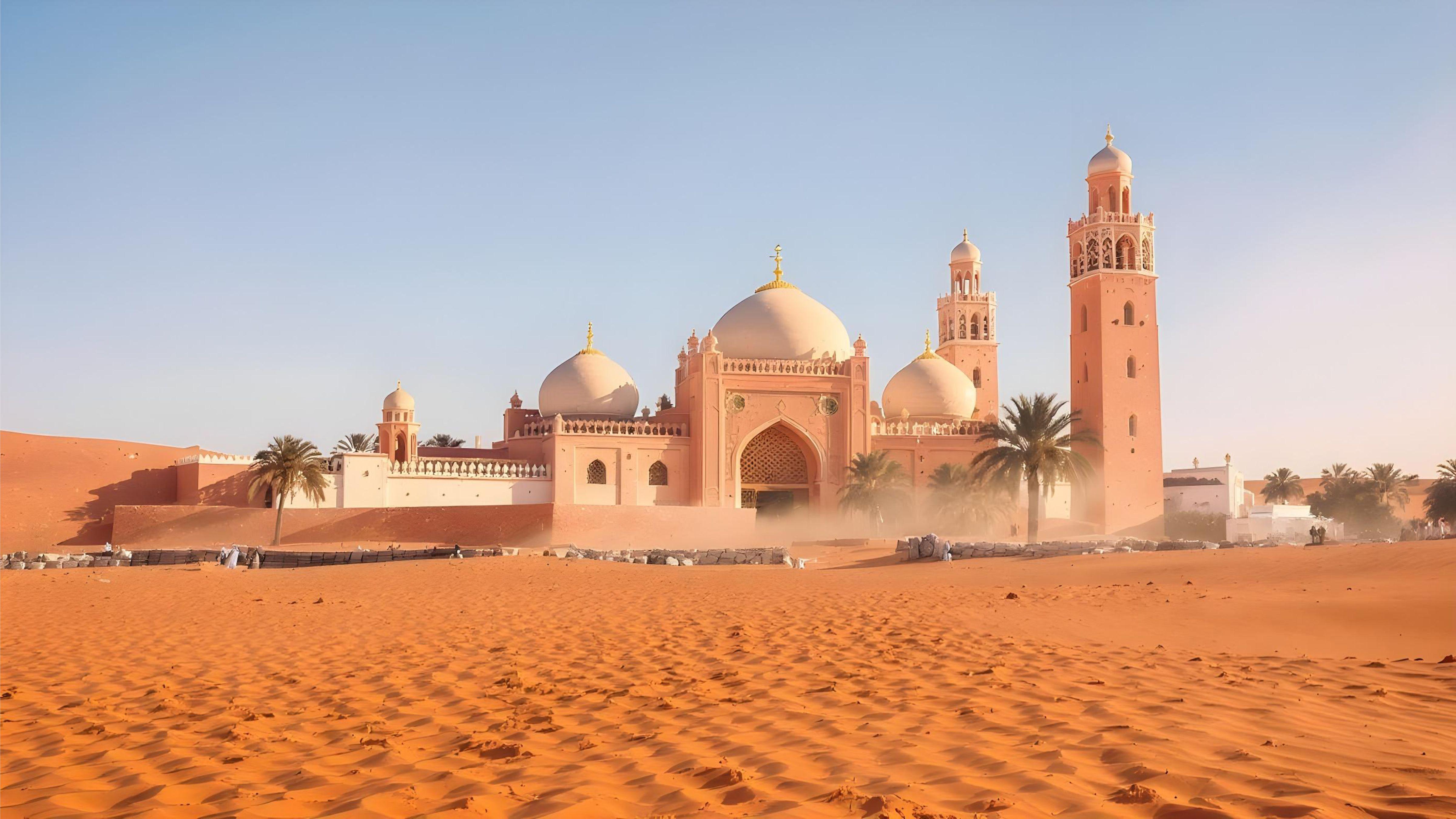 Islamic Mosque in Desert Landscape with Golden Sunlight and Moroccan Architecture