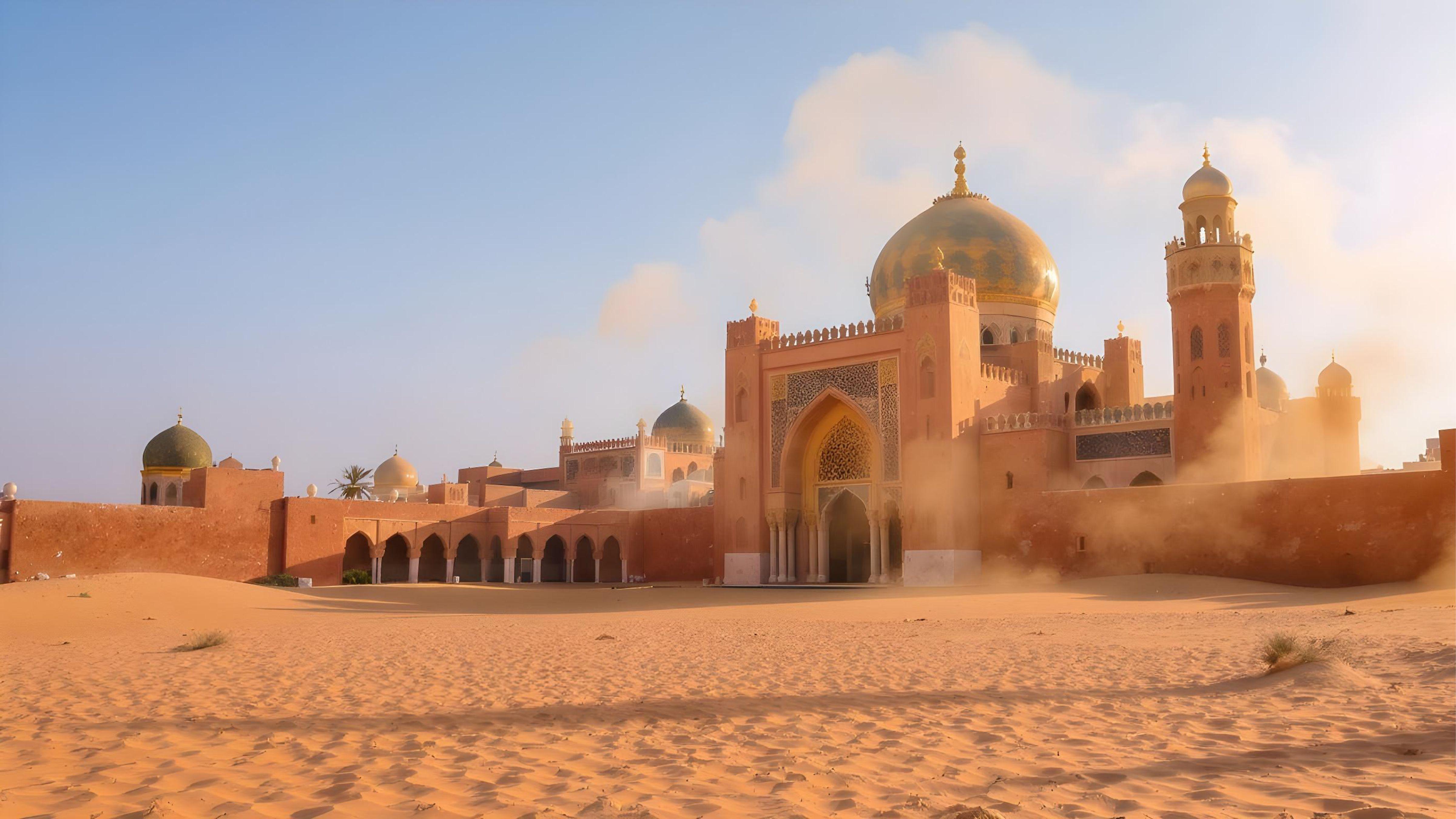 Islamic Mosque in Desert Landscape with Golden Sunlight and Moroccan Architecture
