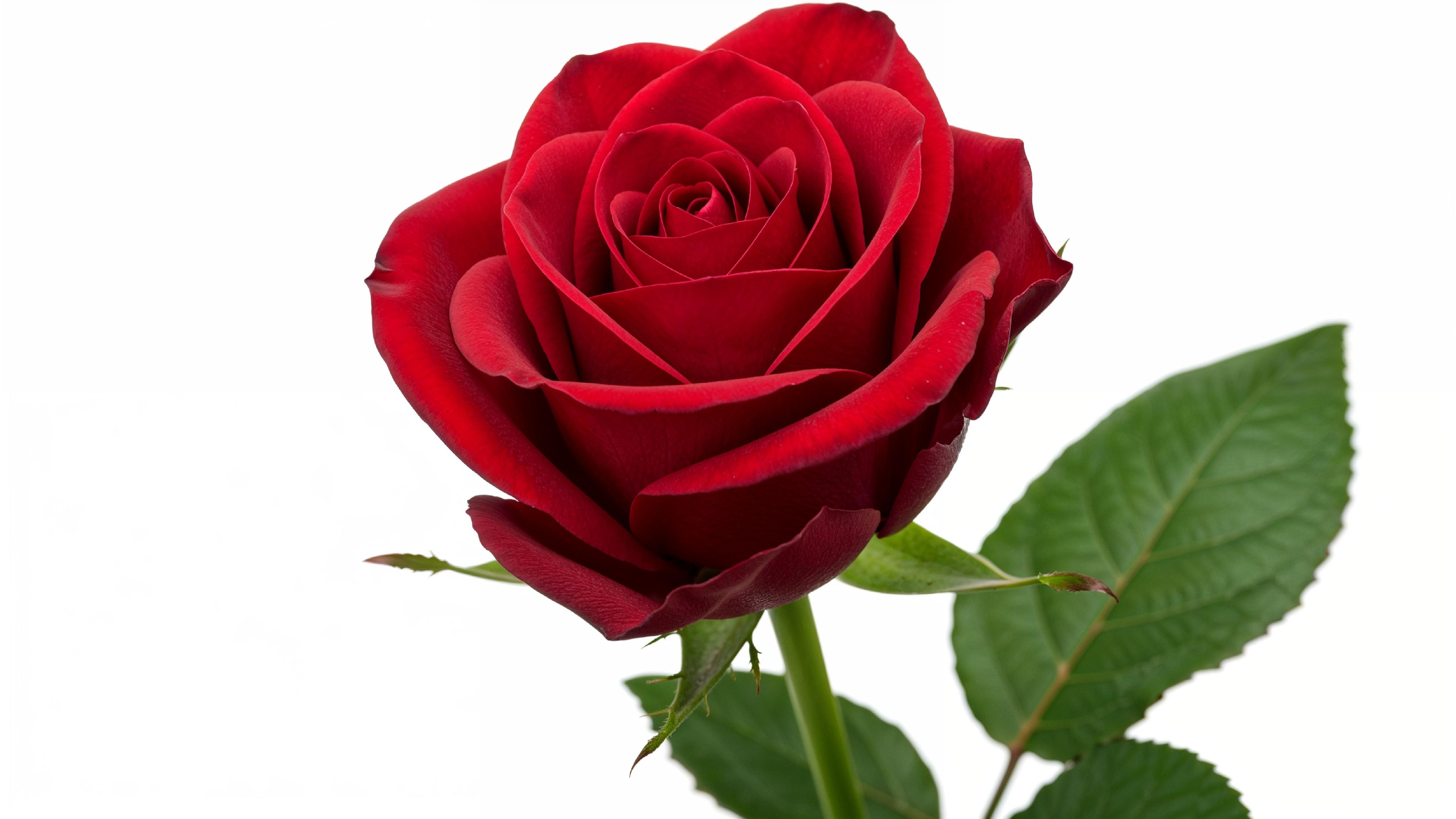 Luxury Red Rose with Green Leaves Isolated on White Background