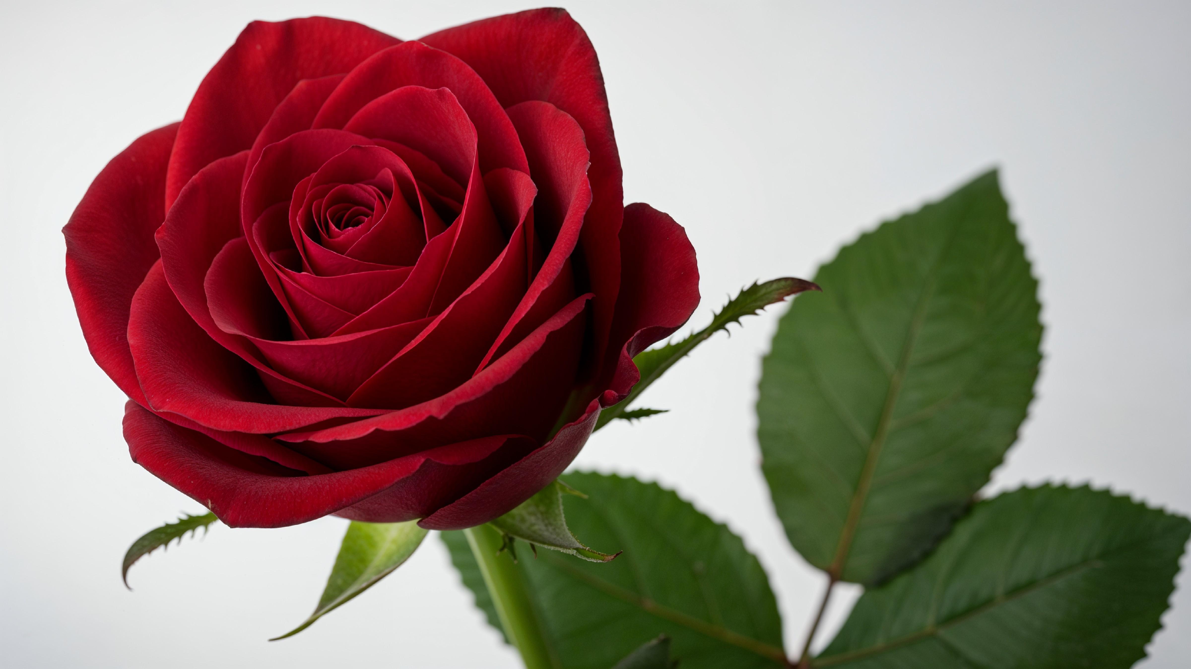 Luxury Red Rose with Green Leaves Isolated on White Background