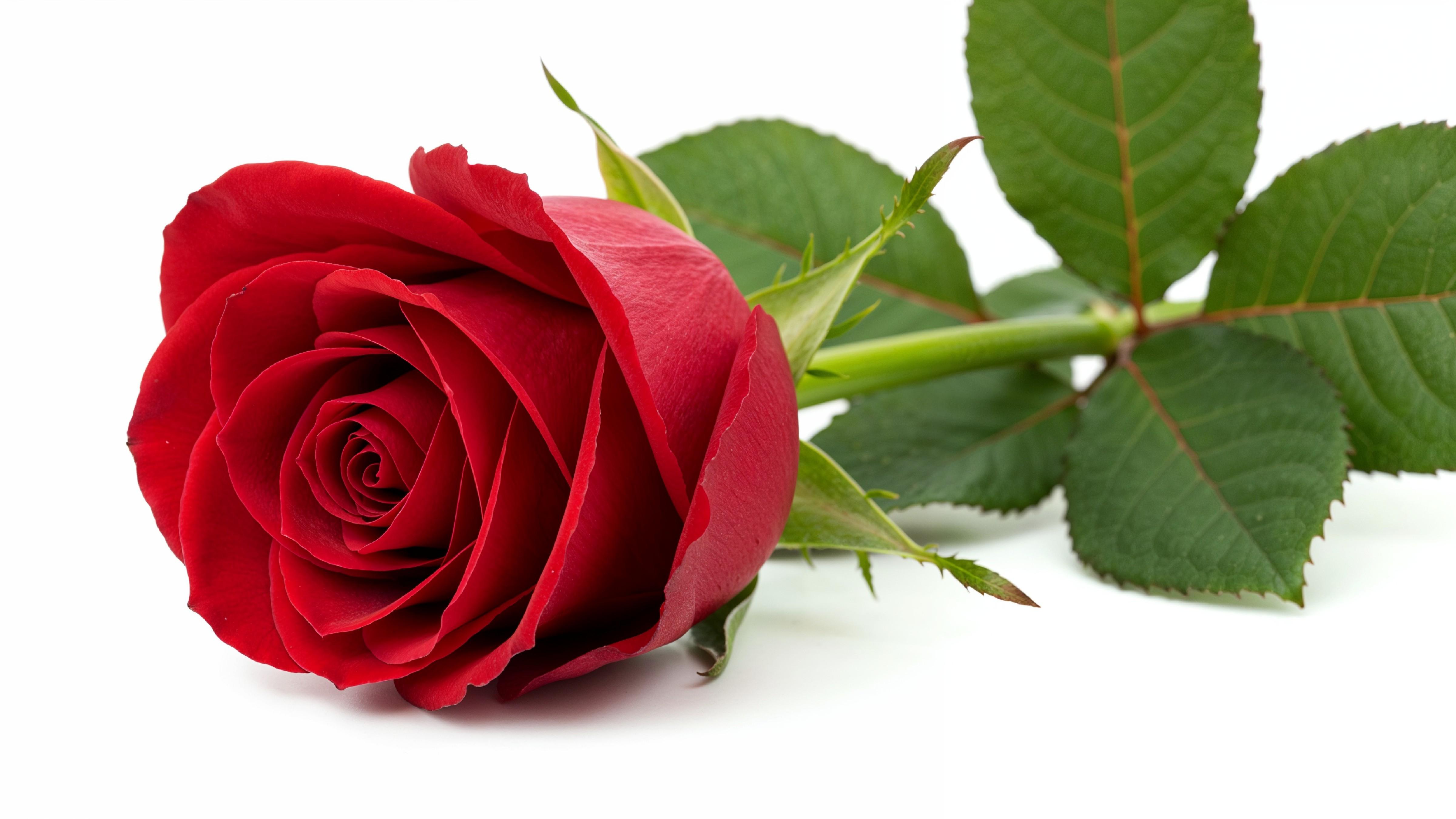 Luxury Red Rose with Green Leaves Isolated on White Background