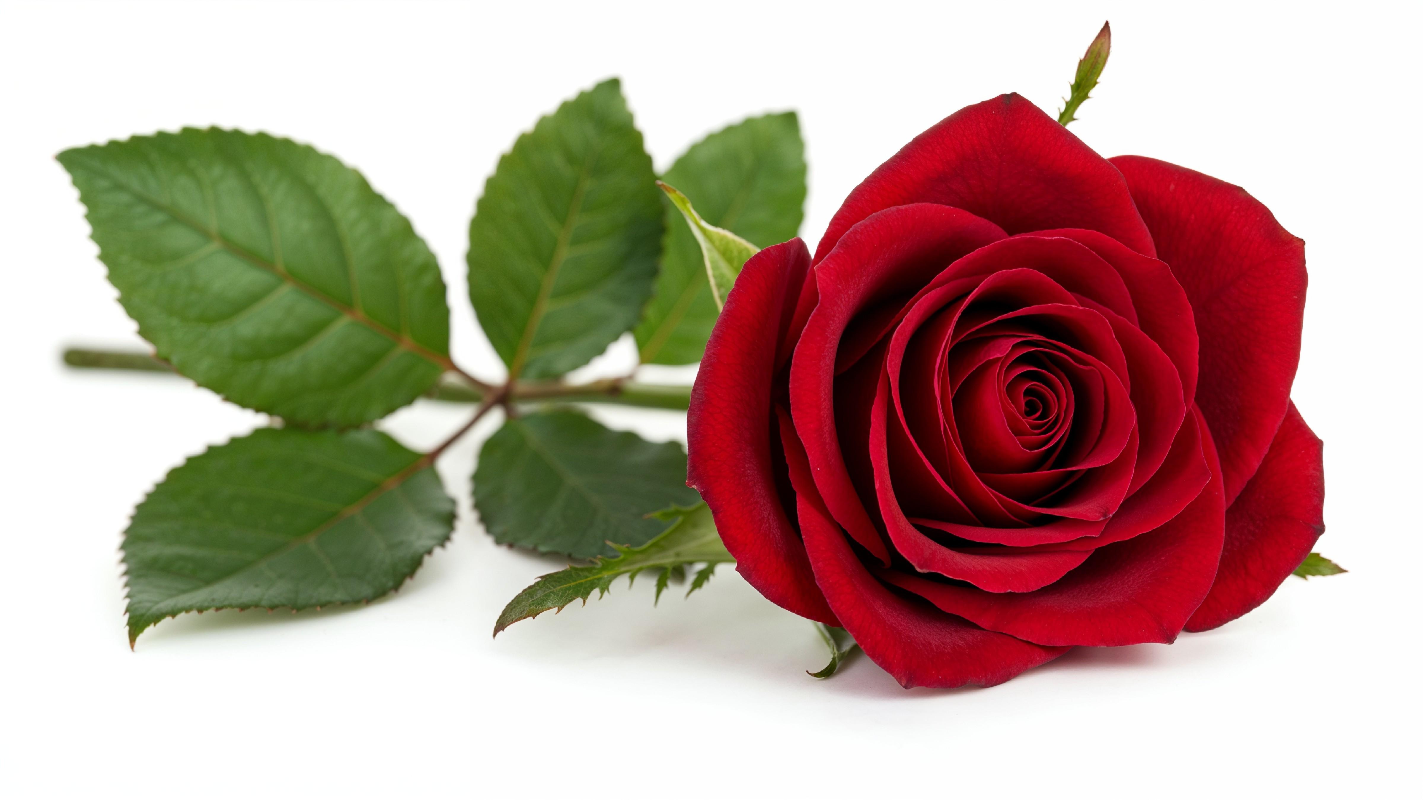 Luxury Red Rose with Green Leaves Isolated on White Background