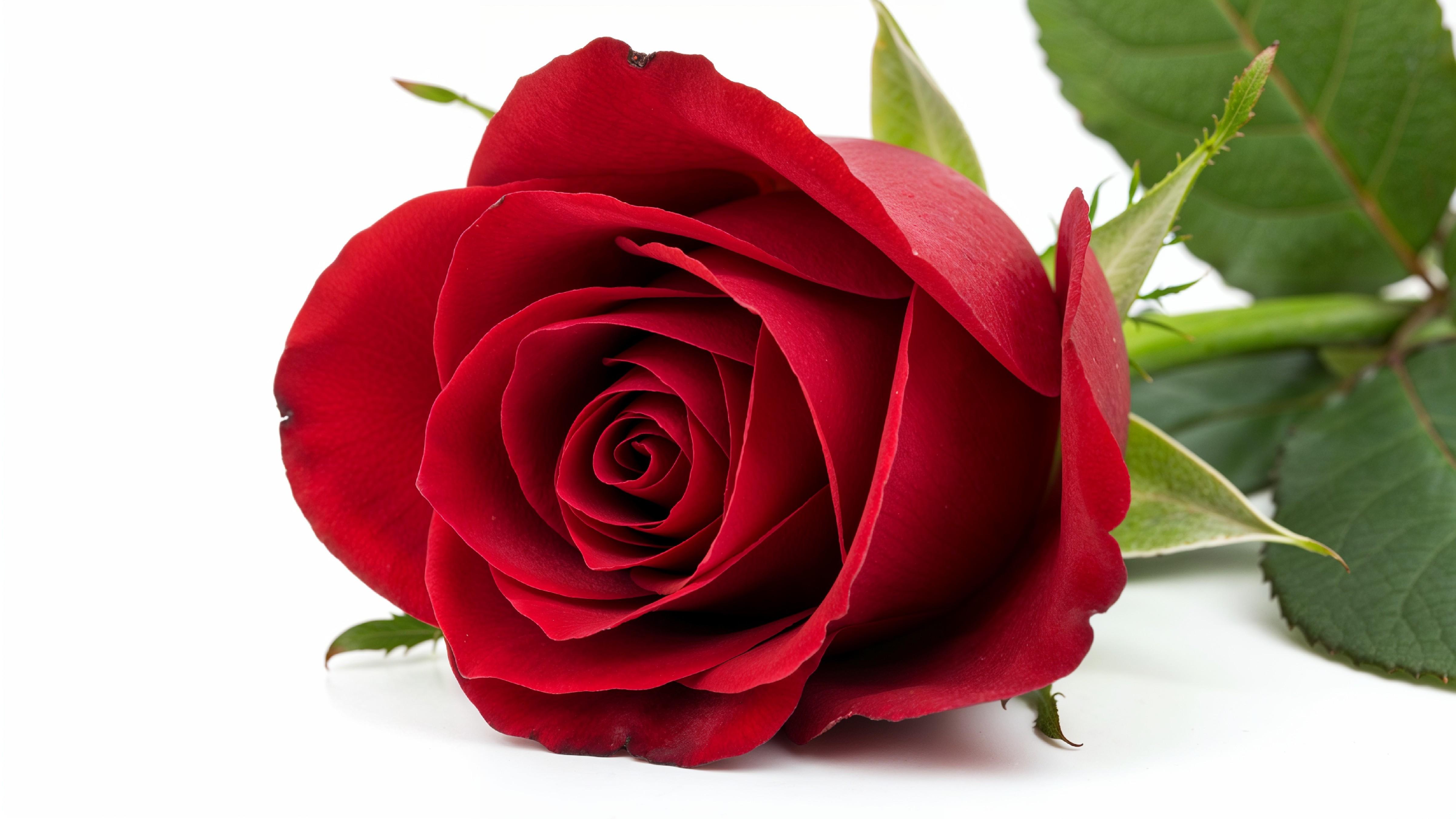 Luxury Red Rose with Green Leaves Isolated on White Background