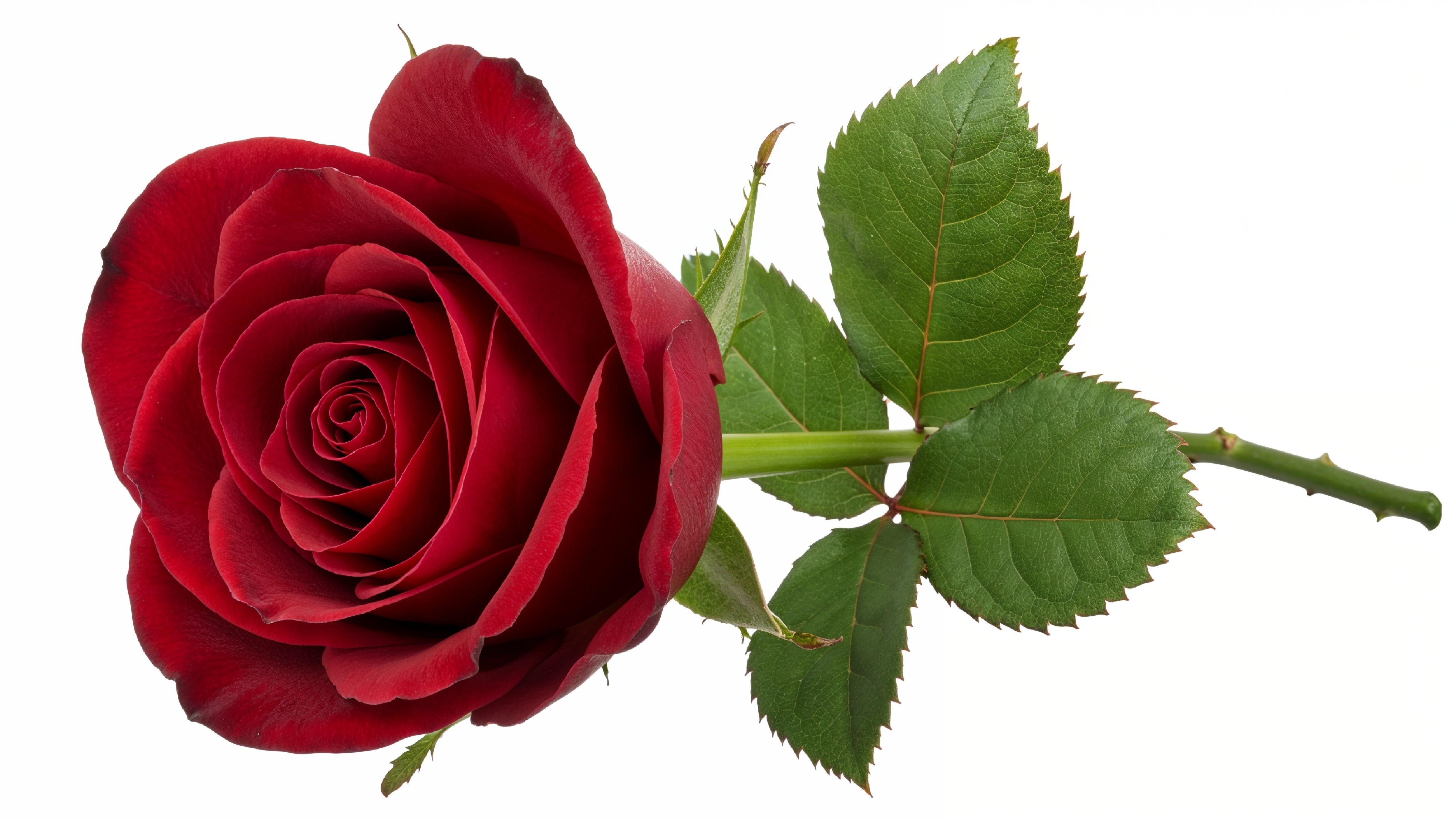 Luxury Red Rose with Green Leaves Isolated on White Background
