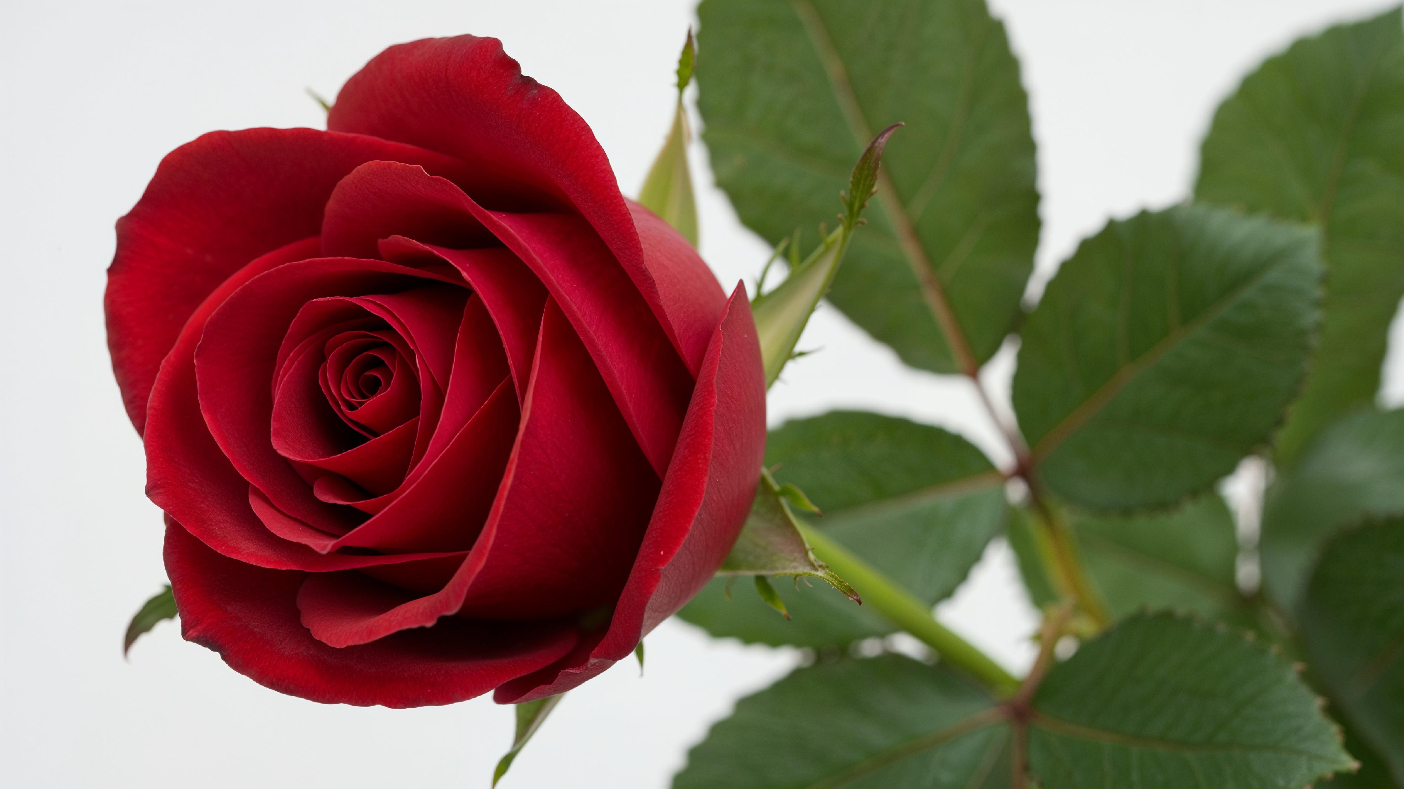 Luxury Red Rose with Green Leaves Isolated on White Background