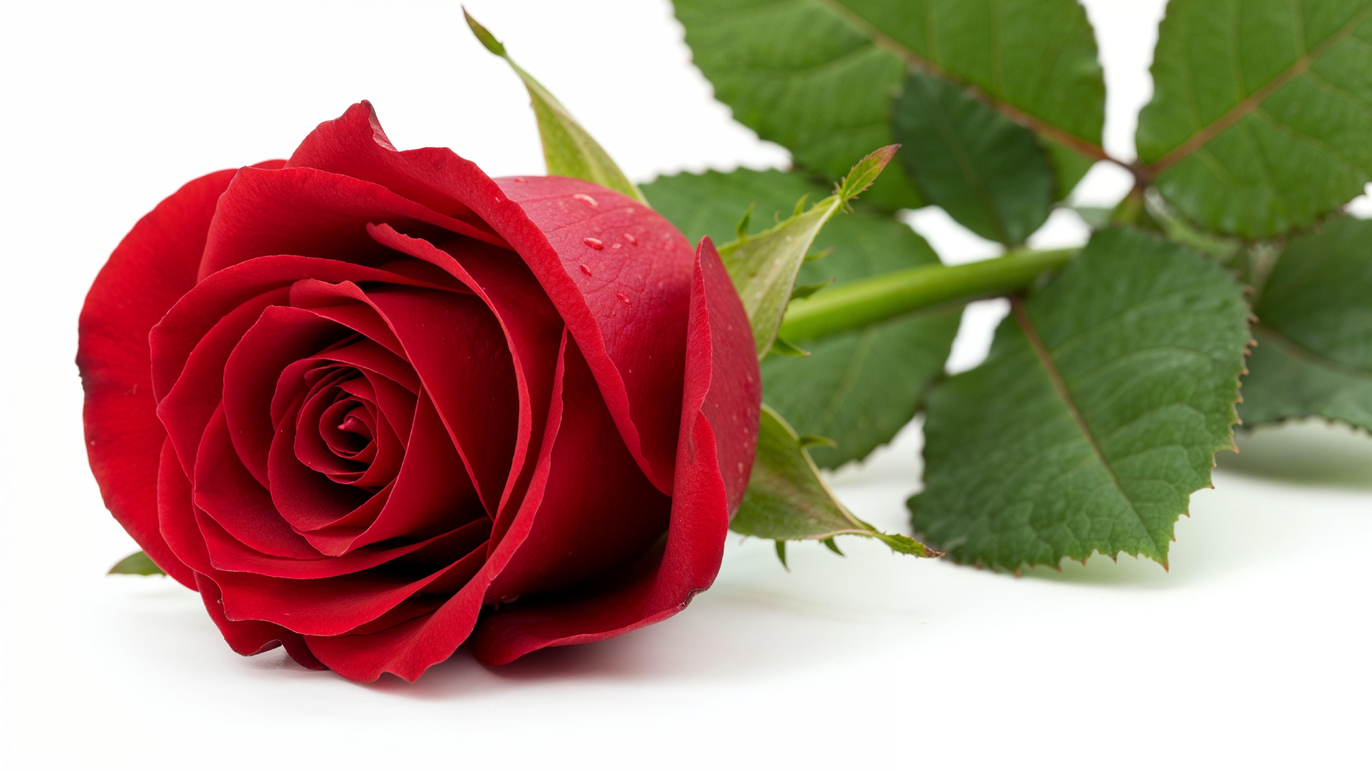 Luxury Red Rose with Green Leaves Isolated on White Background