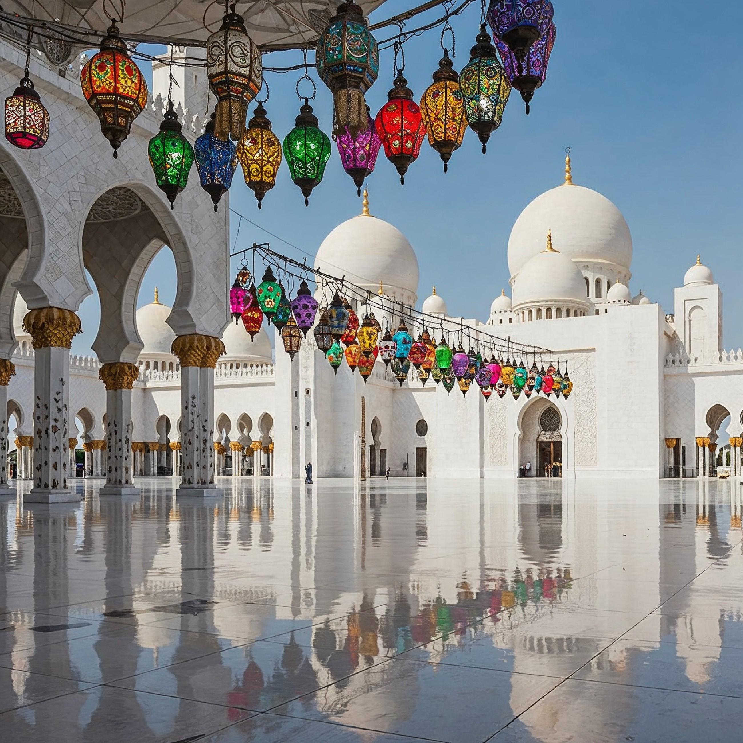 Magnificent White Marble Mosque Courtyard with Reflection and Traditional Islamic Architecture