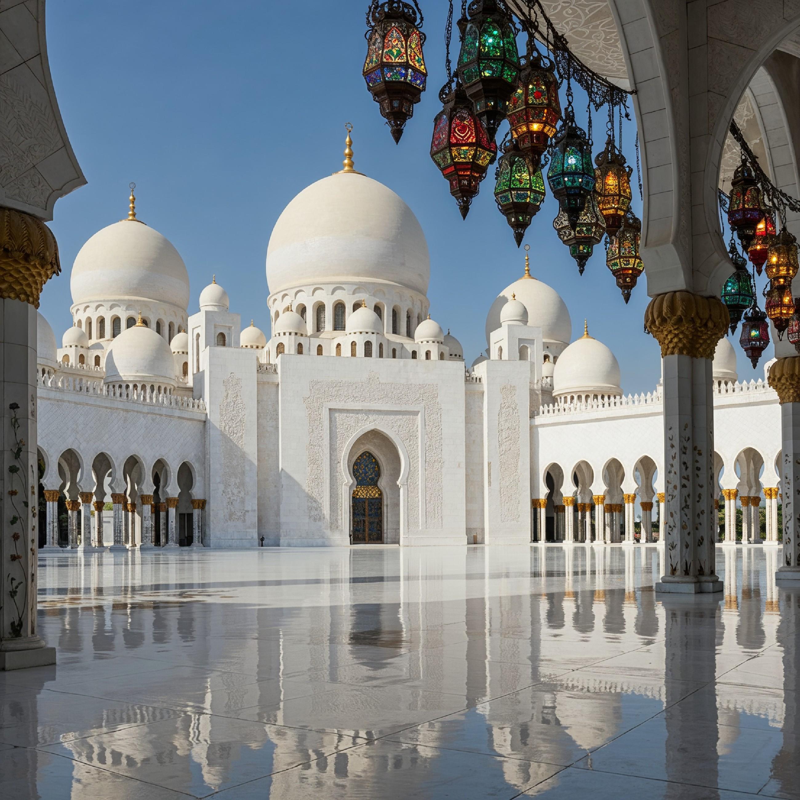Magnificent White Marble Mosque Courtyard with Reflection and Traditional Islamic Architecture