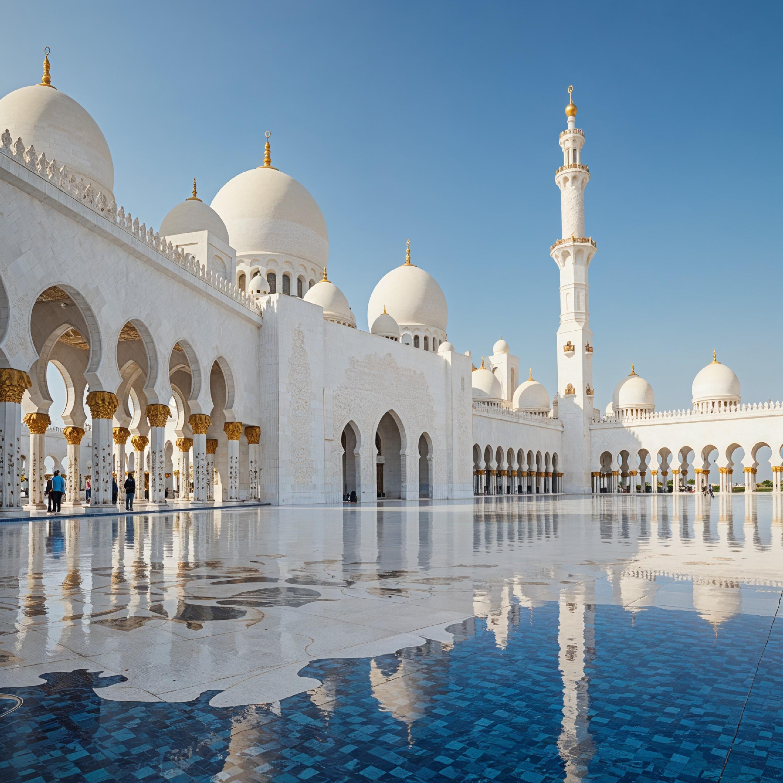 Magnificent White Marble Mosque Courtyard with Reflection and Traditional Islamic Architecture
