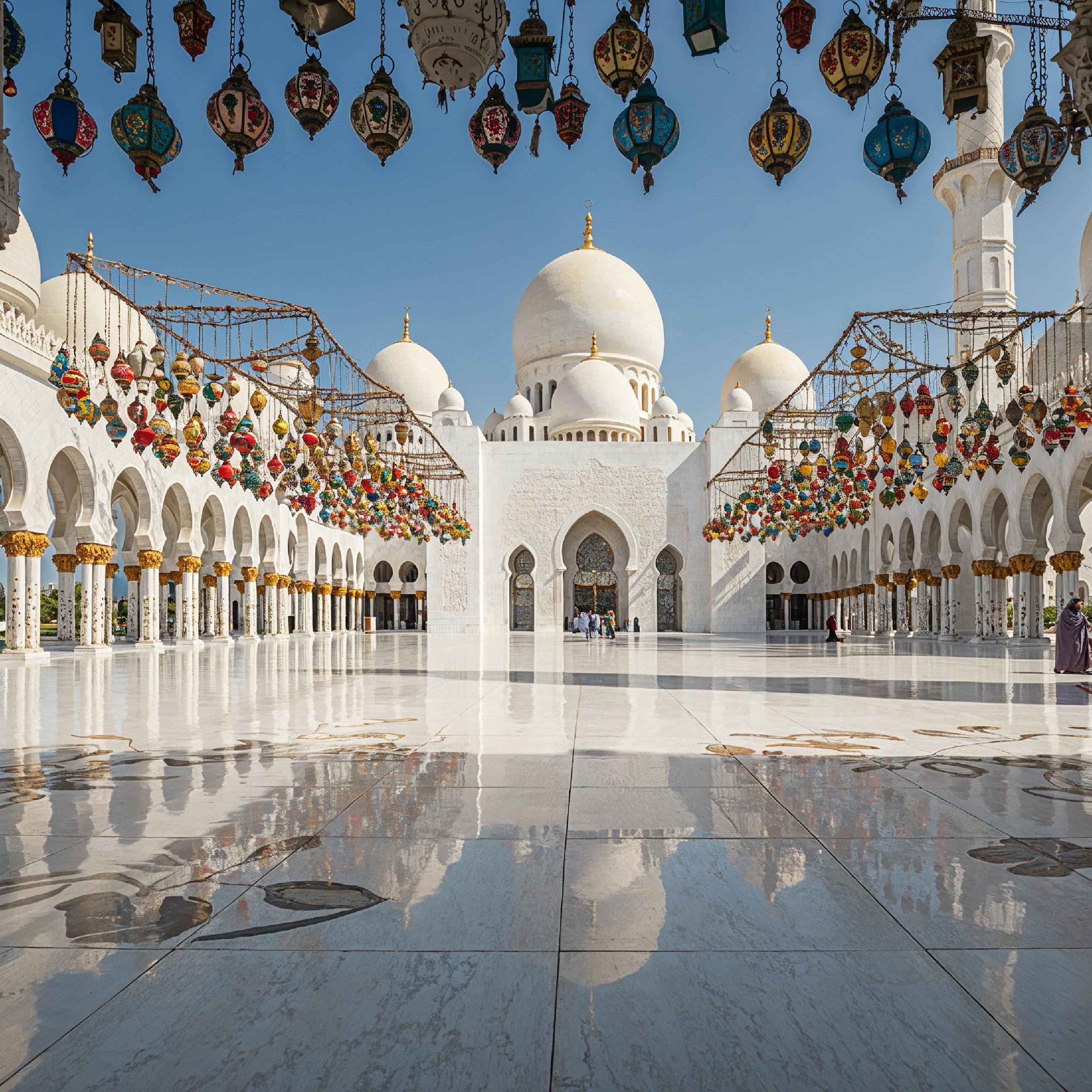 Magnificent White Marble Mosque Courtyard with Reflection and Traditional Islamic Architecture