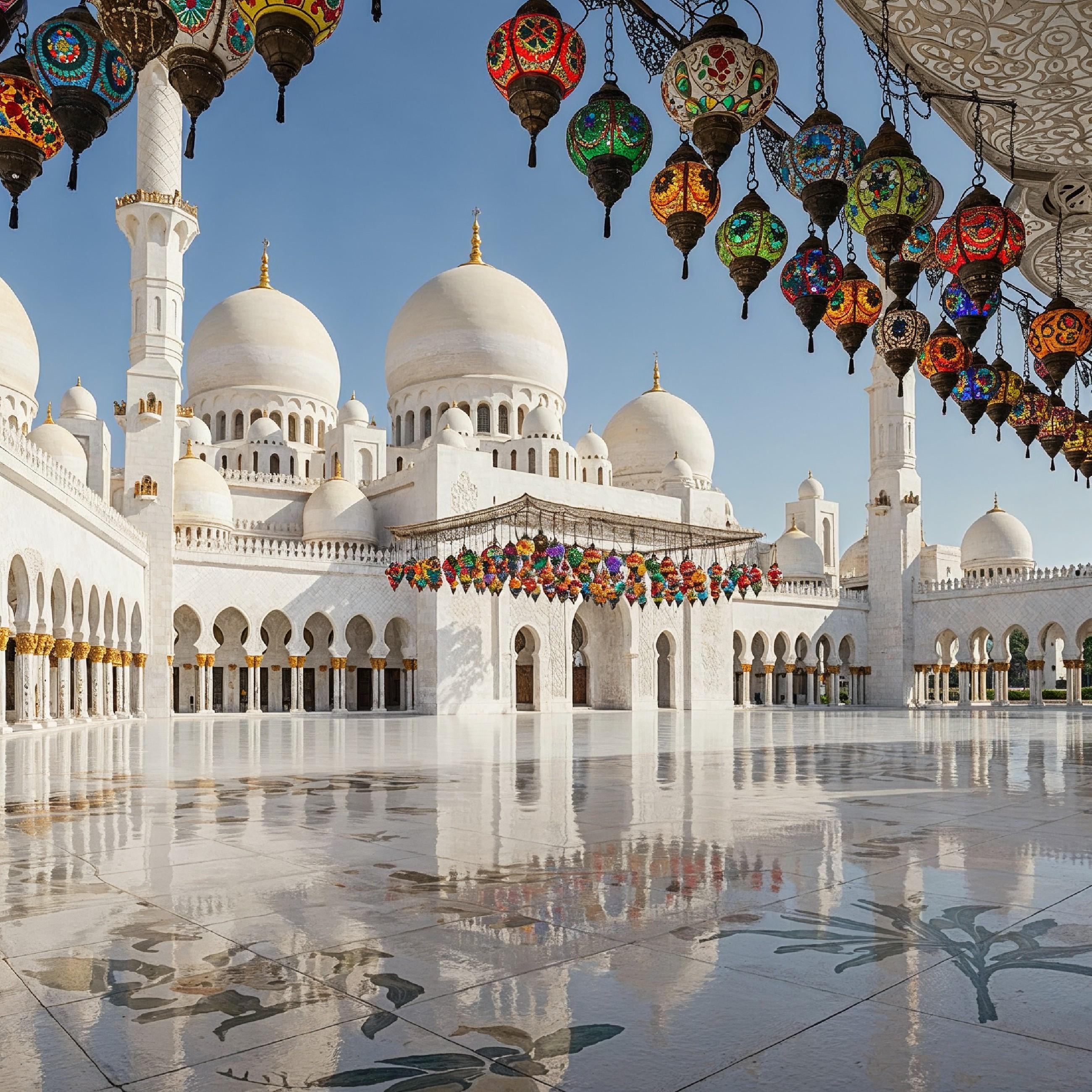 Magnificent White Marble Mosque Courtyard with Reflection and Traditional Islamic Architecture