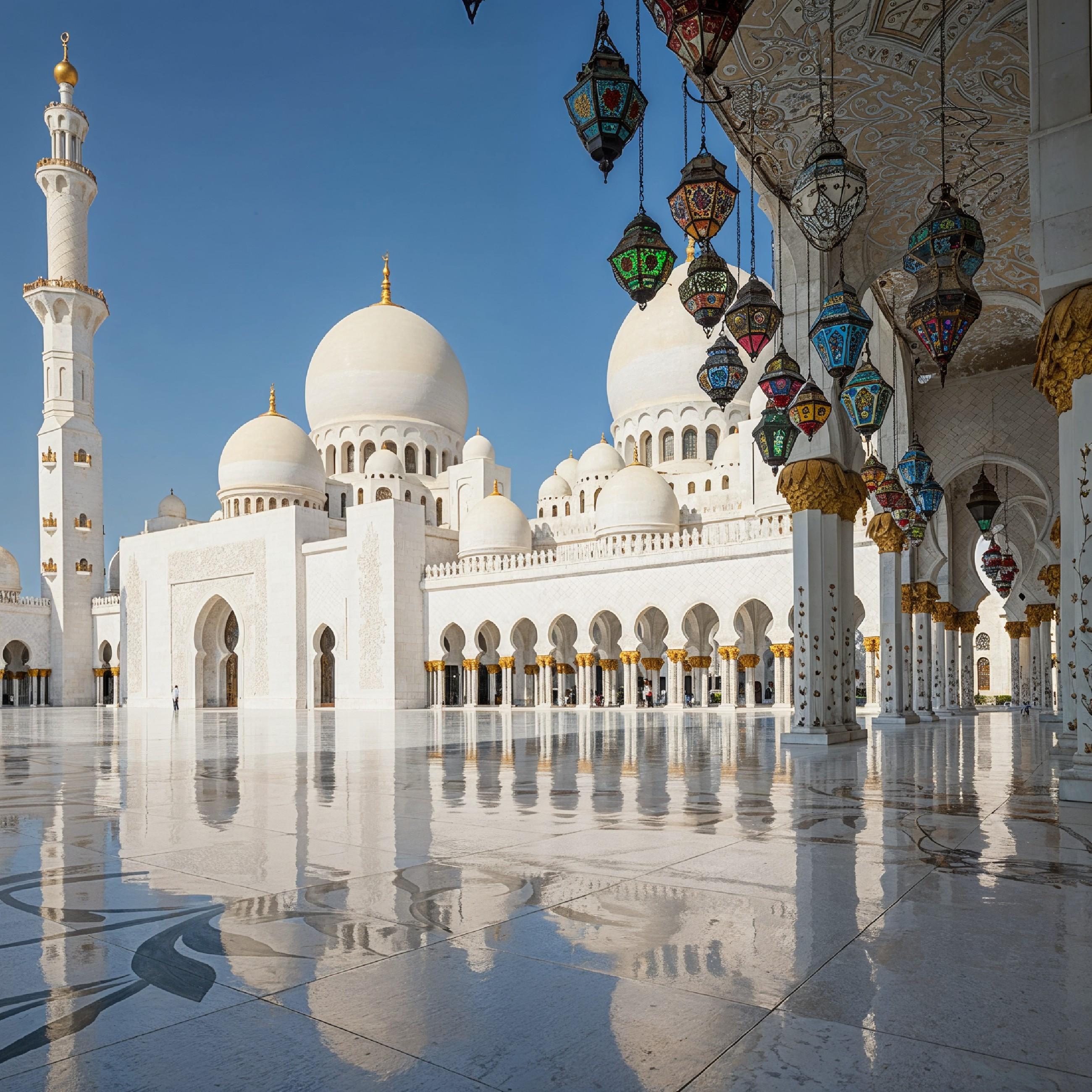 Magnificent White Marble Mosque Courtyard with Reflection and Traditional Islamic Architecture