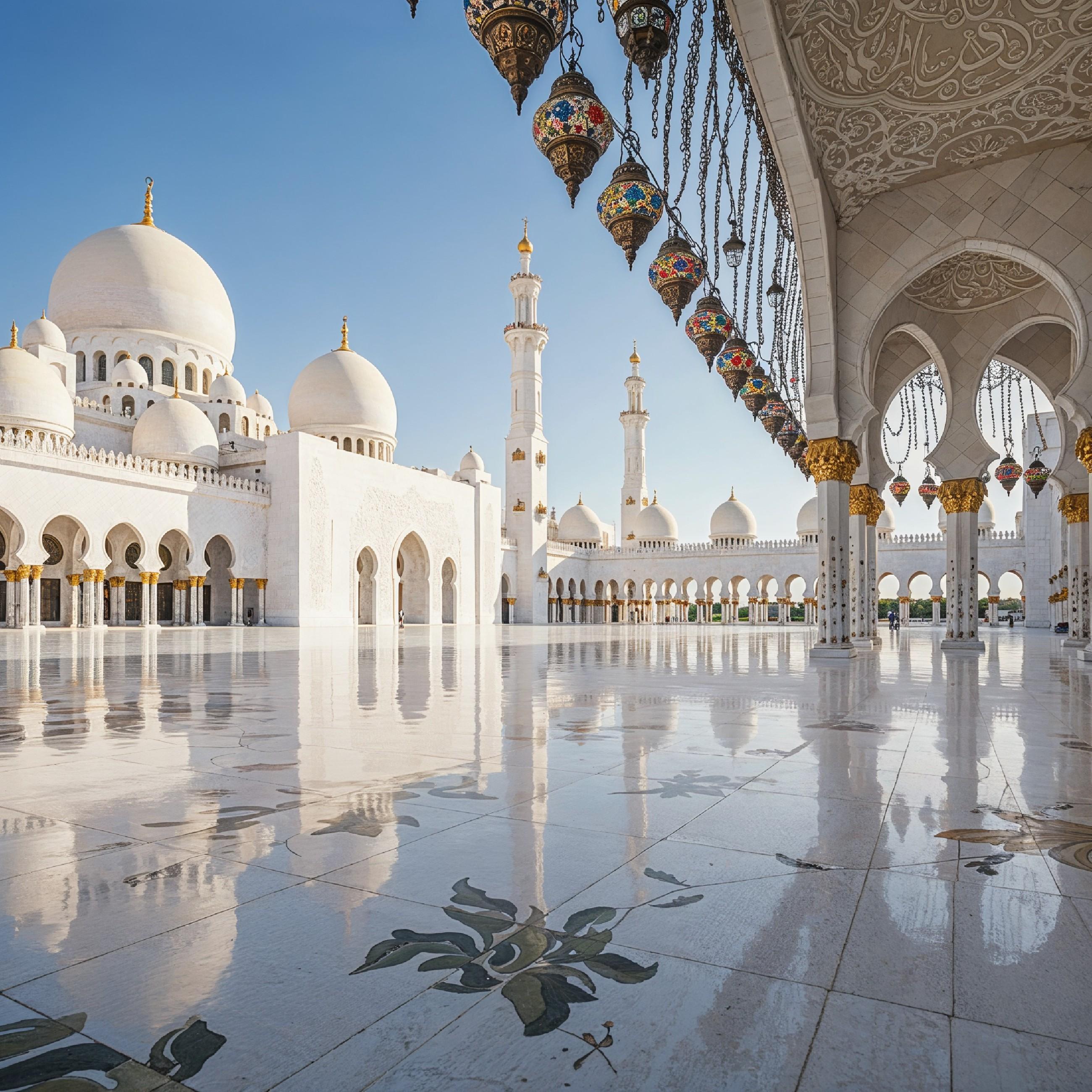Magnificent White Marble Mosque Courtyard with Reflection and Traditional Islamic Architecture
