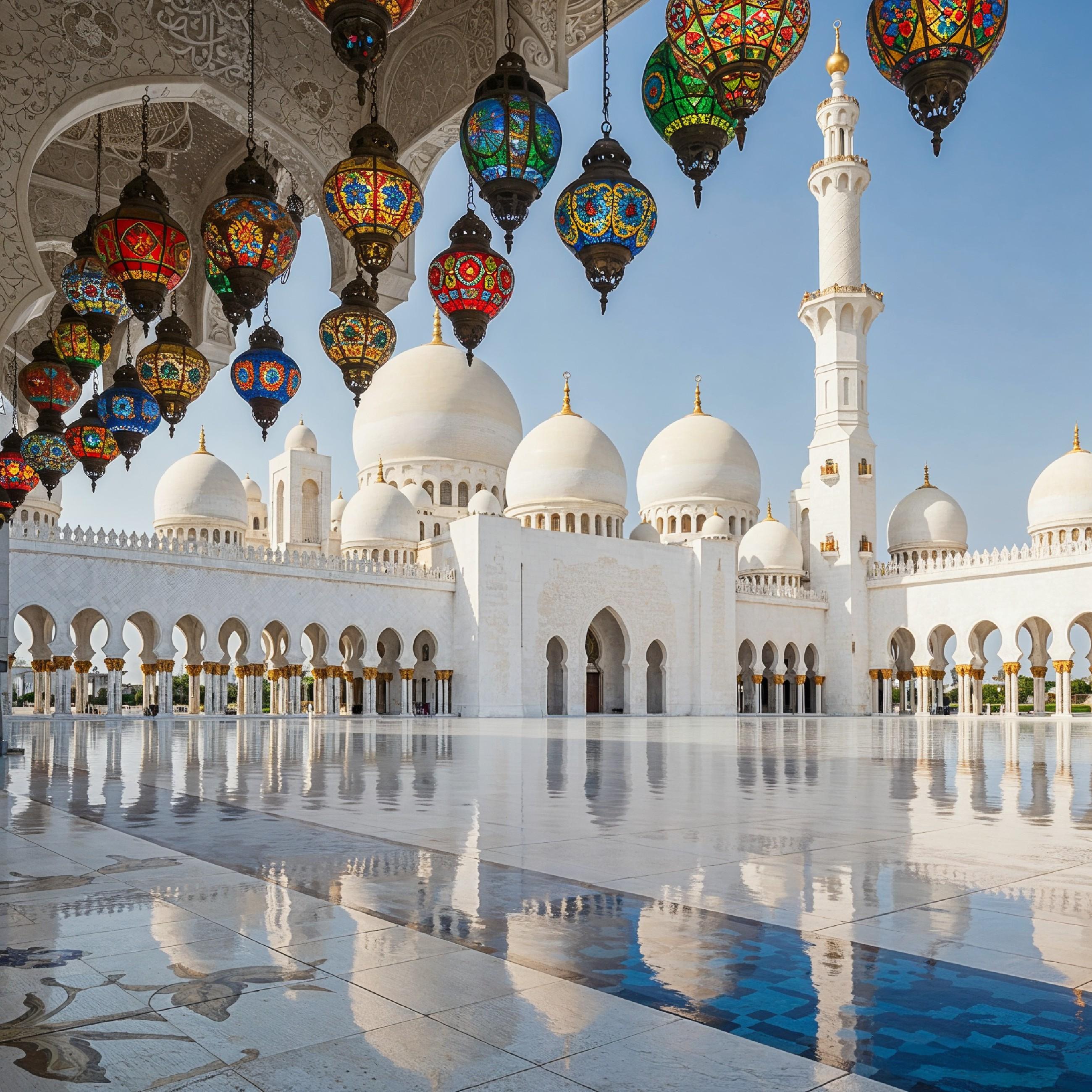 Magnificent White Marble Mosque Courtyard with Reflection and Traditional Islamic Architecture