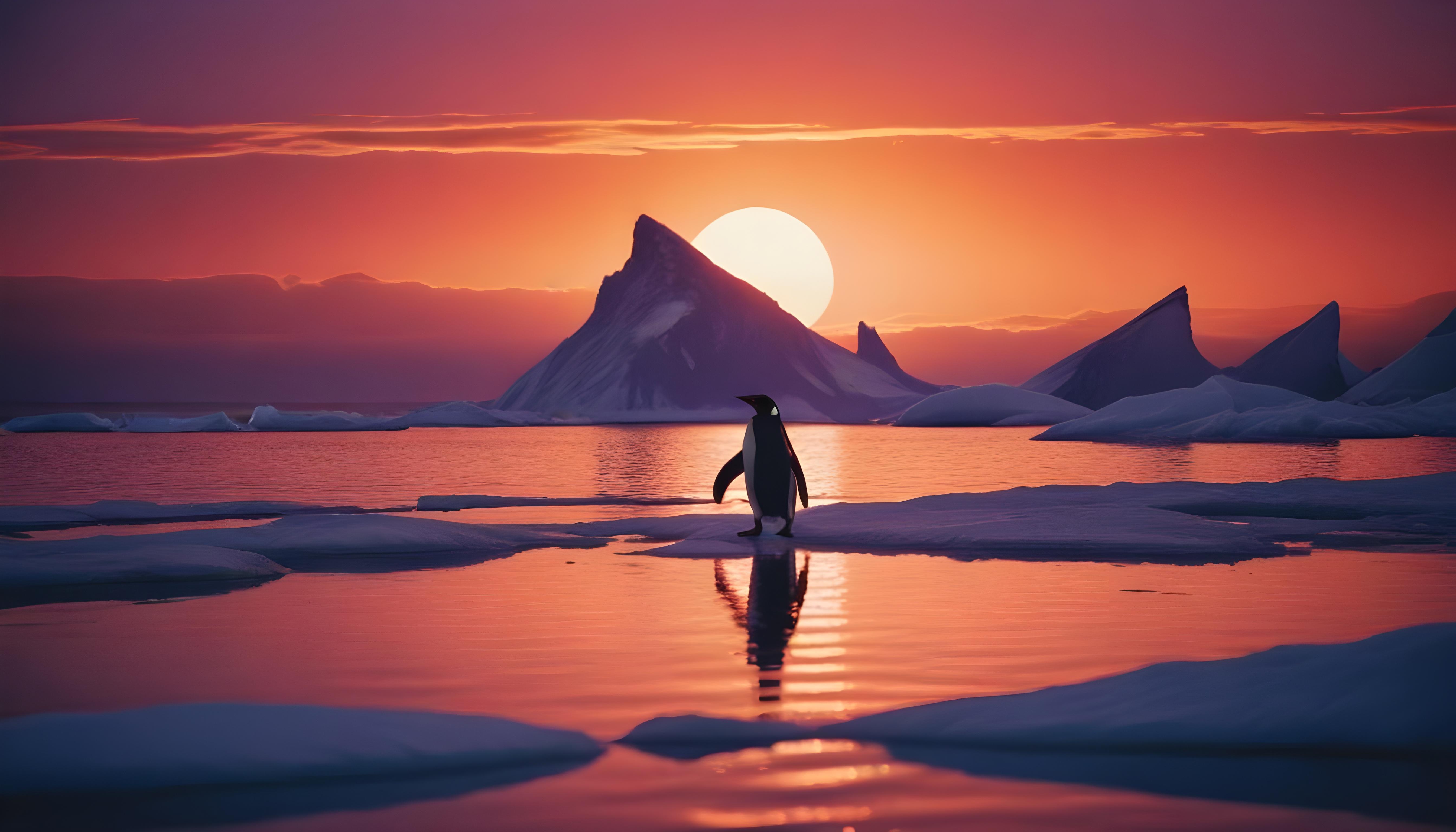 Majestic Penguin in Antarctic Landscape with Snow Covered Mountains Background