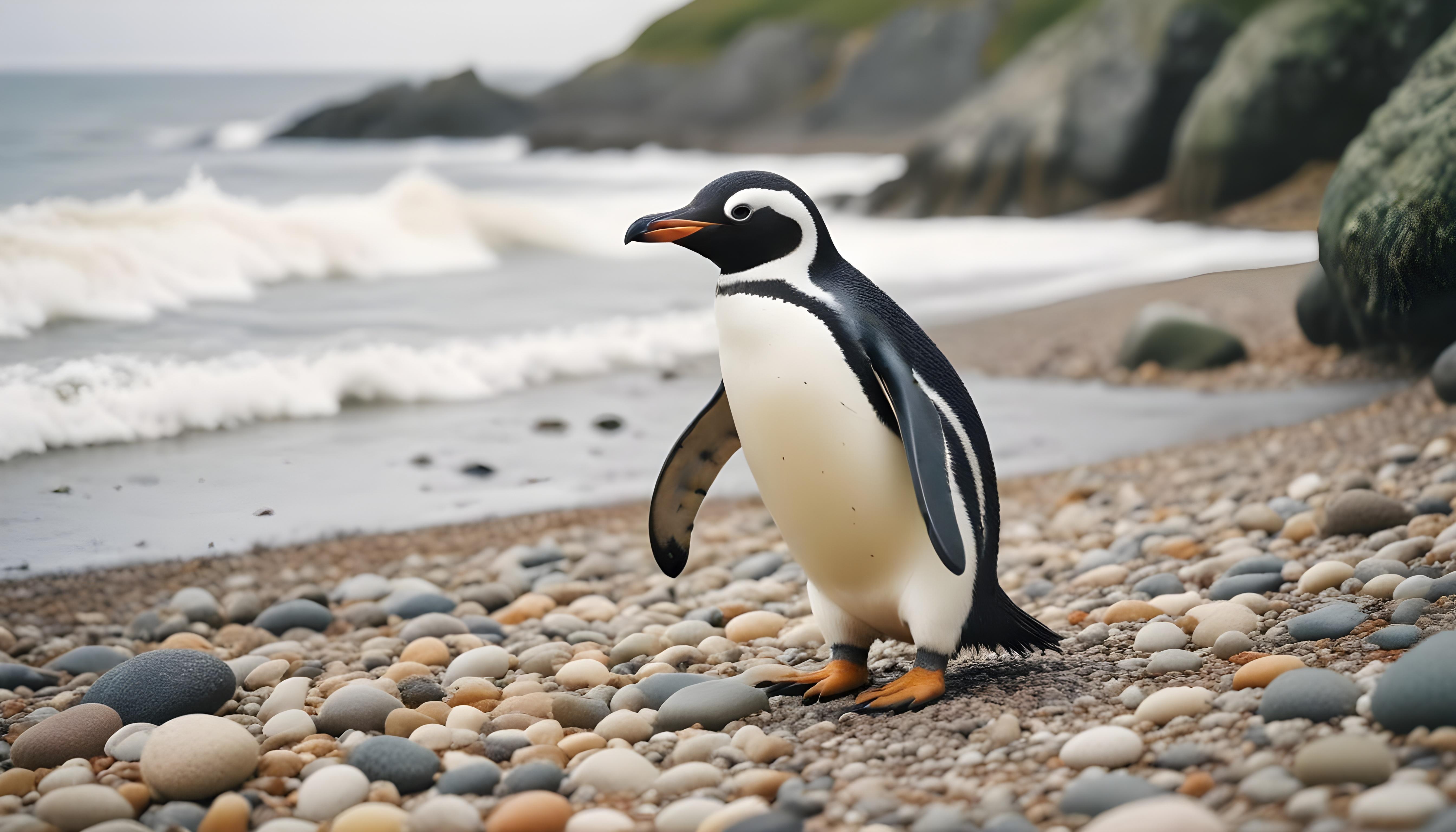 Majestic Penguin in Antarctic Landscape with Snow Covered Mountains Background