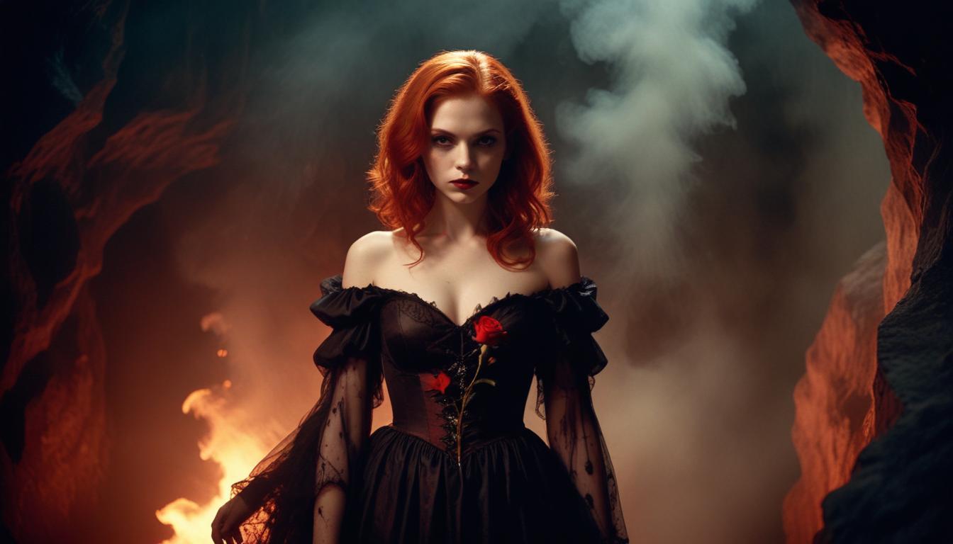 Mystical Vampire Queen Holding Red Rose in Dark Fantasy Gothic Setting